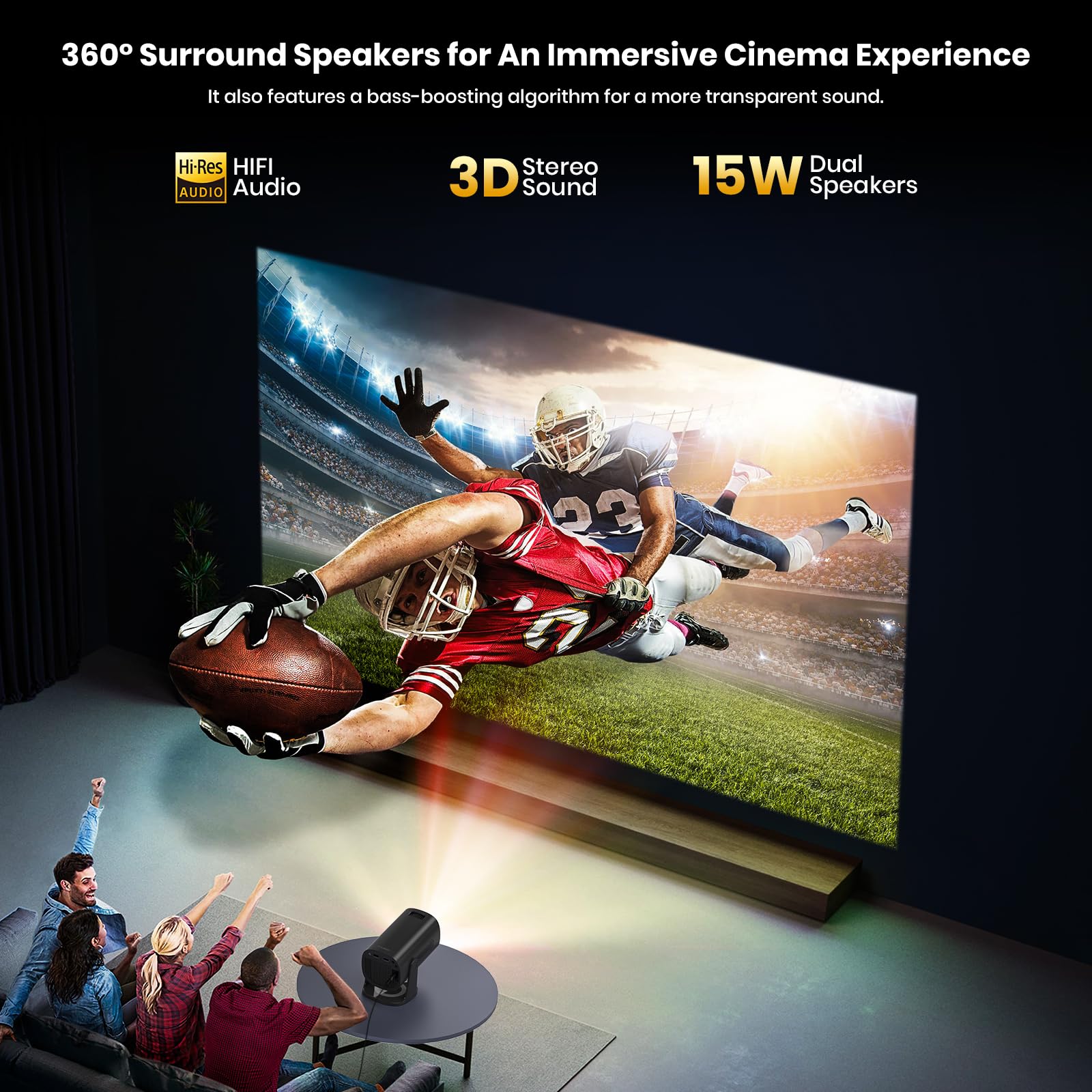 [Apps integrate & Modalità Stella] Mini Proiettore Support 4K 1080P con Modalità Stella Proiettore con Apps e Android TV OS Auto Keystone WiFi 6 BT5.2, Compatible con TV Stick/USB/HDMI,Nero