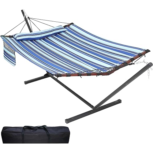 12FT 2 Person Hammock with Stand Included 55 x 79IN Large Hammock 450LB Capacity with V Shaped Hardwood Spreader Bar & Nylon Rope for Outside, Patio, Garden, Backyard, Beach - Blue Stripes