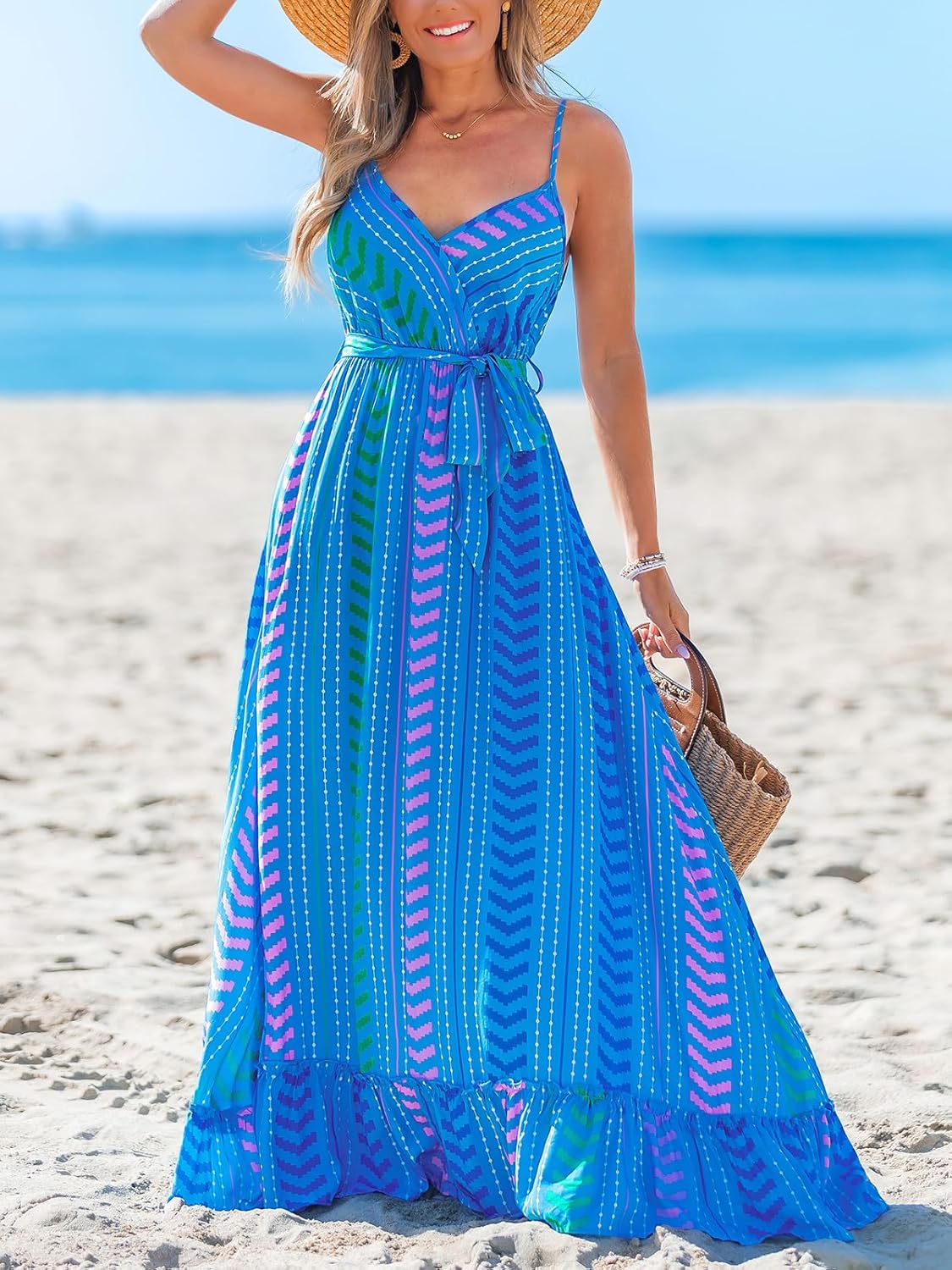 CUPSHE Women Maxi Dresses Spaghetti Straps V Neck Sleeveless Belted Beach Boho Ruffled Summer Pockets Vacation Casual Dress - Image 7