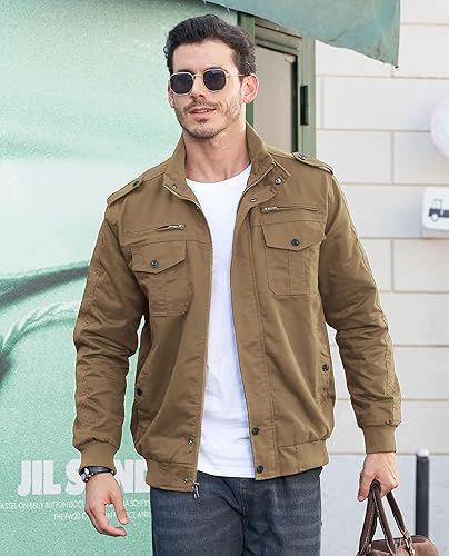 Miniatura 3 de EKLENTSON - Chaquetas militares de algodón ligero con múltiples bolsillos con cremallera y cuello alto para hombre