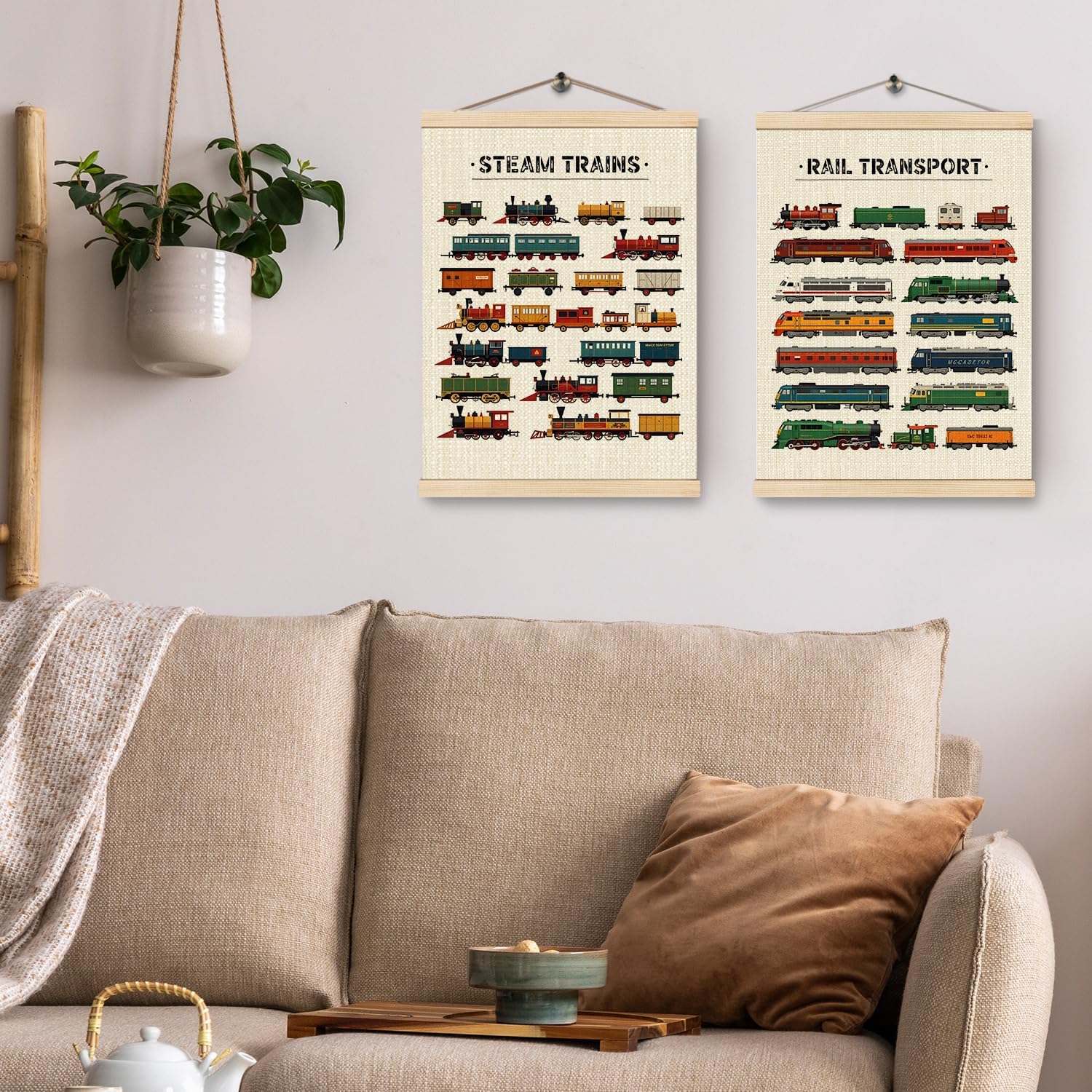HKTZM Steam Trains Wooden Poster Hanger Frame 16x24 Inch,Vintage Train Locomotives Hanger Poster,Rail Transport Hanging Wall Art For Toddler Boy Room Playroom Nursery,Set Of 2
