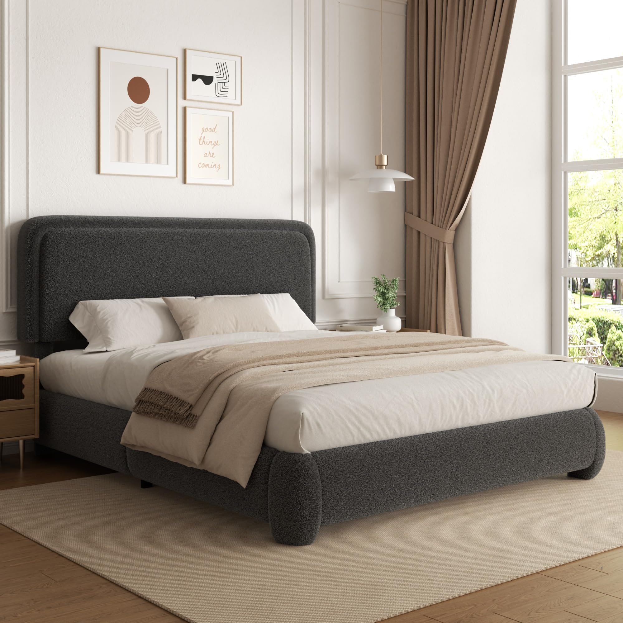 (Similar to stock image, incomplete) Queen Size Boucle Bed Frame, Upholstered Cloud Platform Bed Frame with Headboard, Anti-Collision Soft Rounded Corners, No Box Spring Required, Easy Assembly, Noise Free, Adjustable Headboard