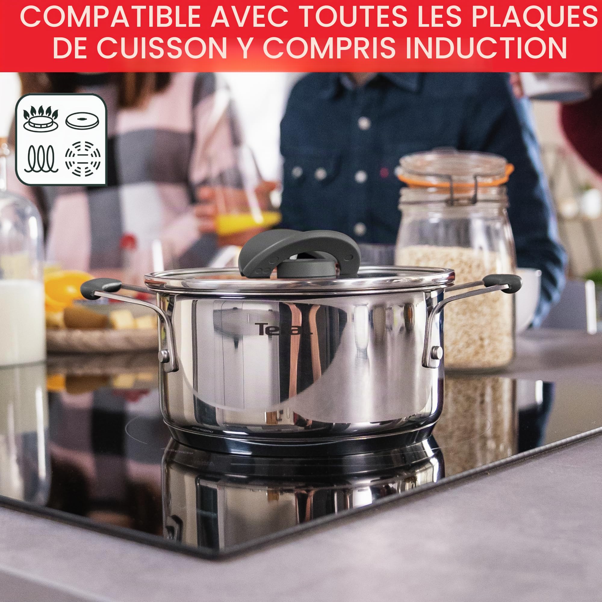 Tefal G7376S Opti'Space Set de Casseroles 16/20/24 cm | Acier Inoxydable | Fond Thermofusion | Pour Tous Feux | Induction | Gris