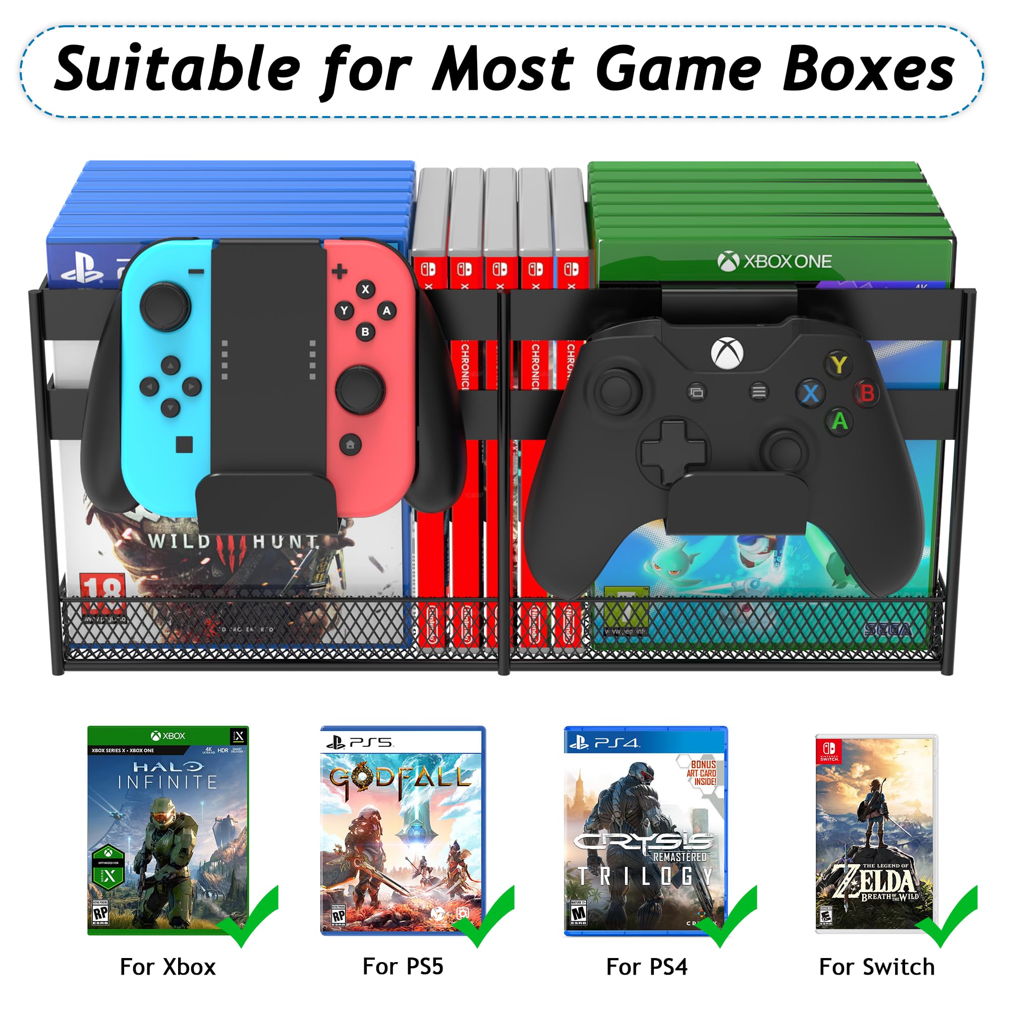 Alyoen Torre de almacenamiento de videojuegos, estante de soporte para juegos, organizador de PS5 con gancho de controlador para PS4/PS3/Xbox Series/CD/DVD, capacidad para 32 Nintendo Switch