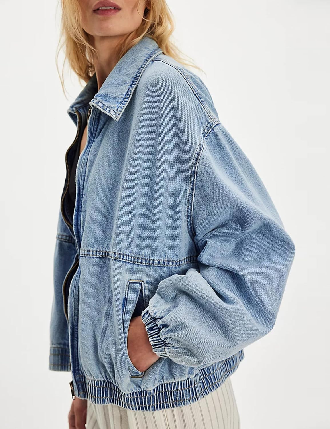 Yeokou Womens Oversized Jean Jacket Zip Up Long Sleeve Casual Denim Coats with Pockets - Image 2