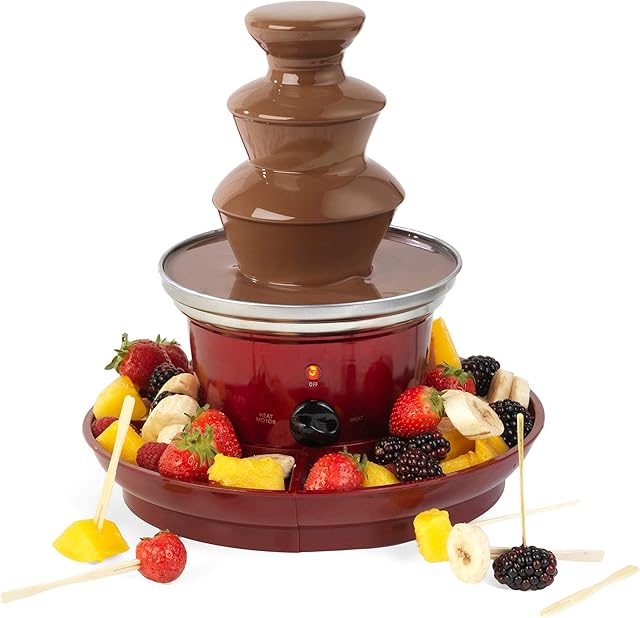 Giles & Posner EK3428G Electric Chocolate Fountain, 3 Tier Smooth Cascading Design, Party Dip & Share Tabletop Machine, Mini Set Includes 2 Fruit/Food Trays & 100 Bamboo Skewers, 90W, Red
