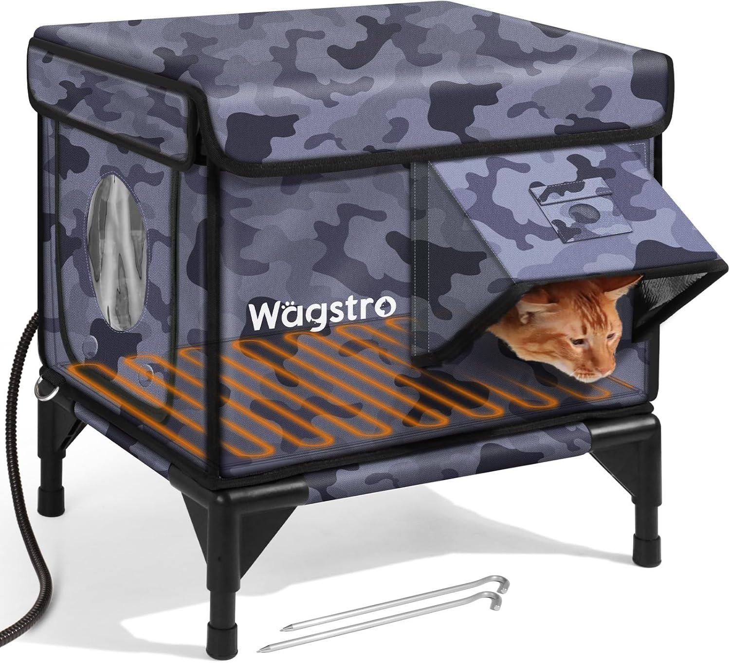 Heated Cat House for Outside, Insulated Weatherproof Heated Outdoor Cat House with Waterproof Eaves & Escape Door, Elevated Outdoor Cat Shelter for Feral Stray Cat (Black Camo, 16.5"x13"x16.9")