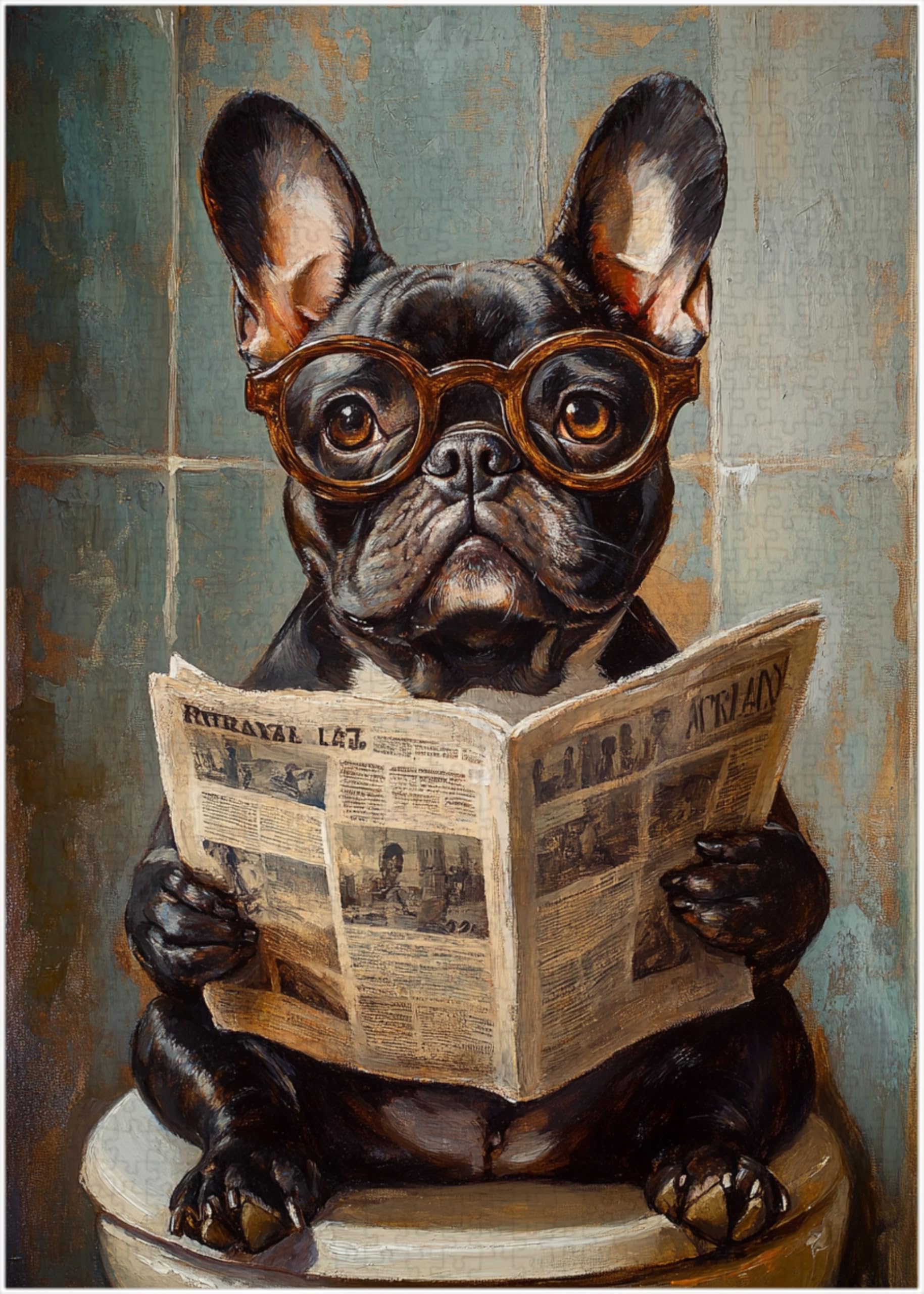 French Bulldog on Toilet Jigsaw Puzzle 1000 Pieces for Adults - Quirky Dog Reading Newspaper with Glasses - 1000pc Dog Bathroom Decor Puzzles (50x70cm