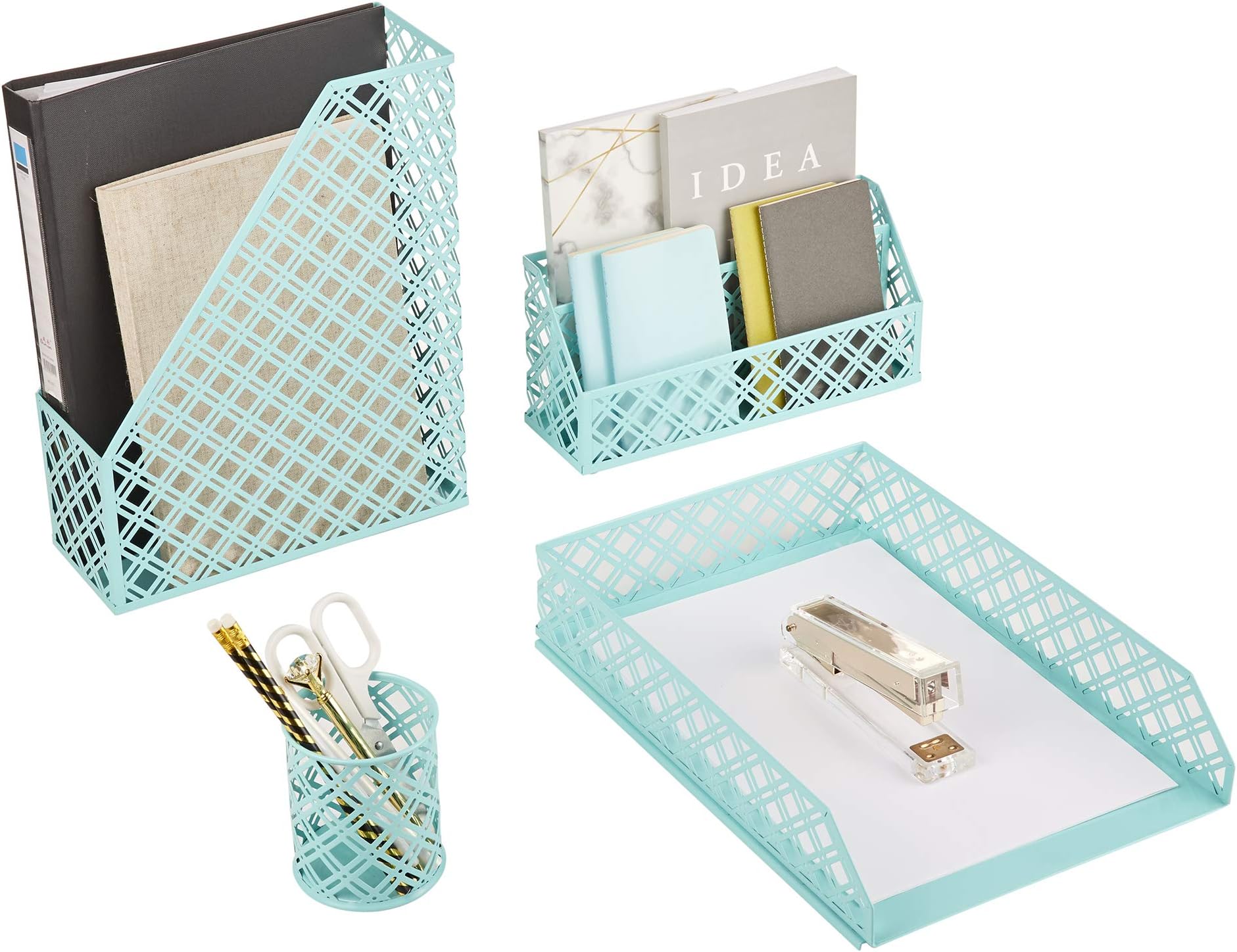 Exerz Desk Organiser 4 Pieces/ Office Set/ Desktop Metal Mesh Filing Including: A4 Letter Tray x 1, A4 Magazine Rack/ Upright Document Holder x 1, Letter Sorter x1, Pen Holder x 1 (Turquoise)