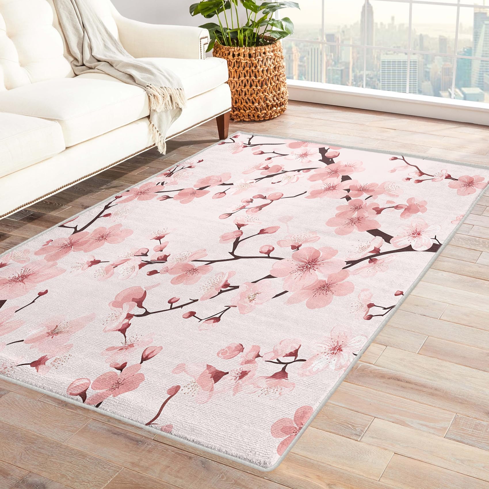 NejTrenzy Cherry Blossom Rug 7x9, Washable Pink Floral Rugs for Living Room Bedroom, Oriental Asian Japanese Area Rug for Home Decor, Non Slip Backing