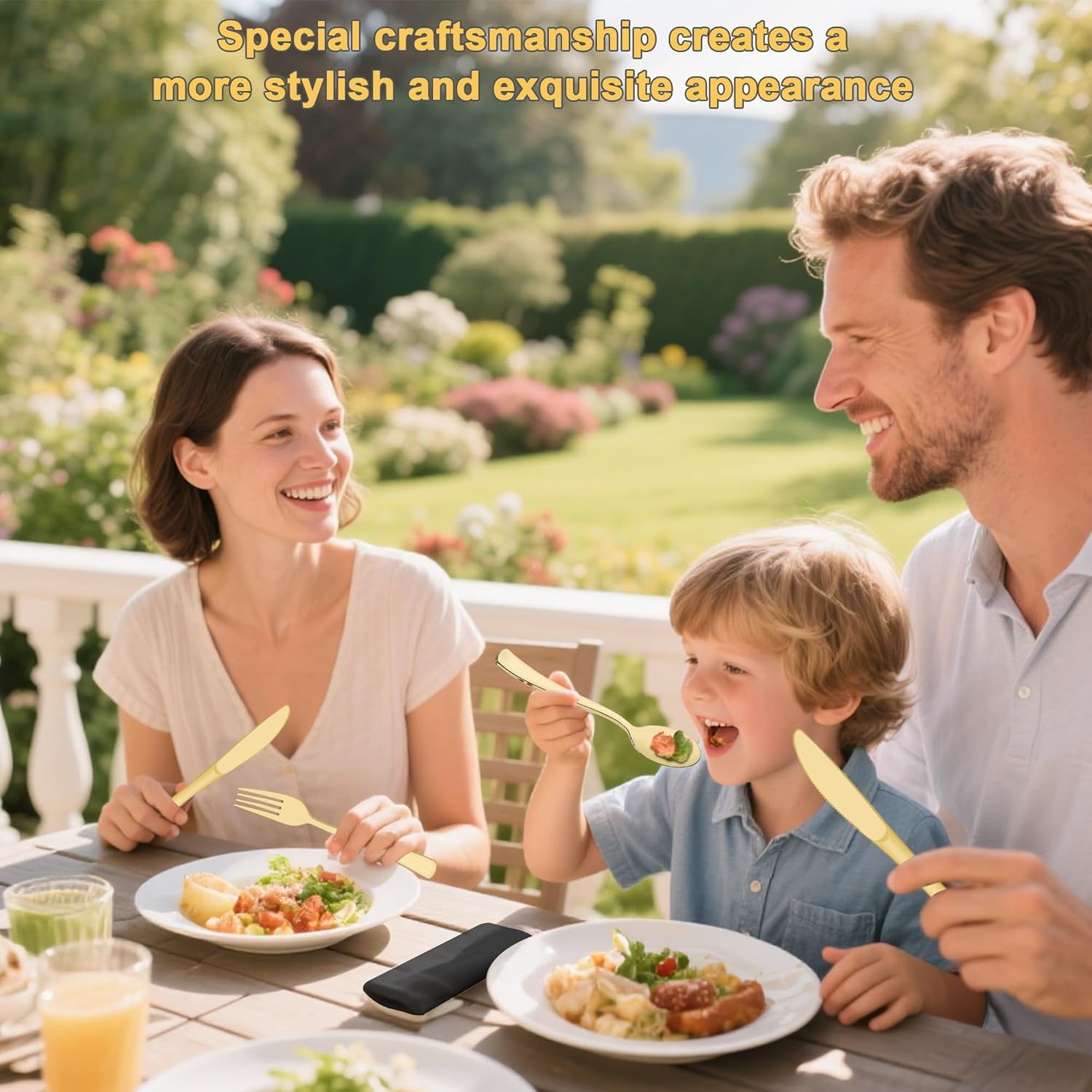 400 PCS Pre Rolled Cutlery Sets, Premium Gold Plastic Flatware Set Wrapped in Black Napkin, Disposable Cutlery Set with 100 Forks, 100 Knives, 100 Spoons, 100 Napkins for Wedding, Party, Dinner