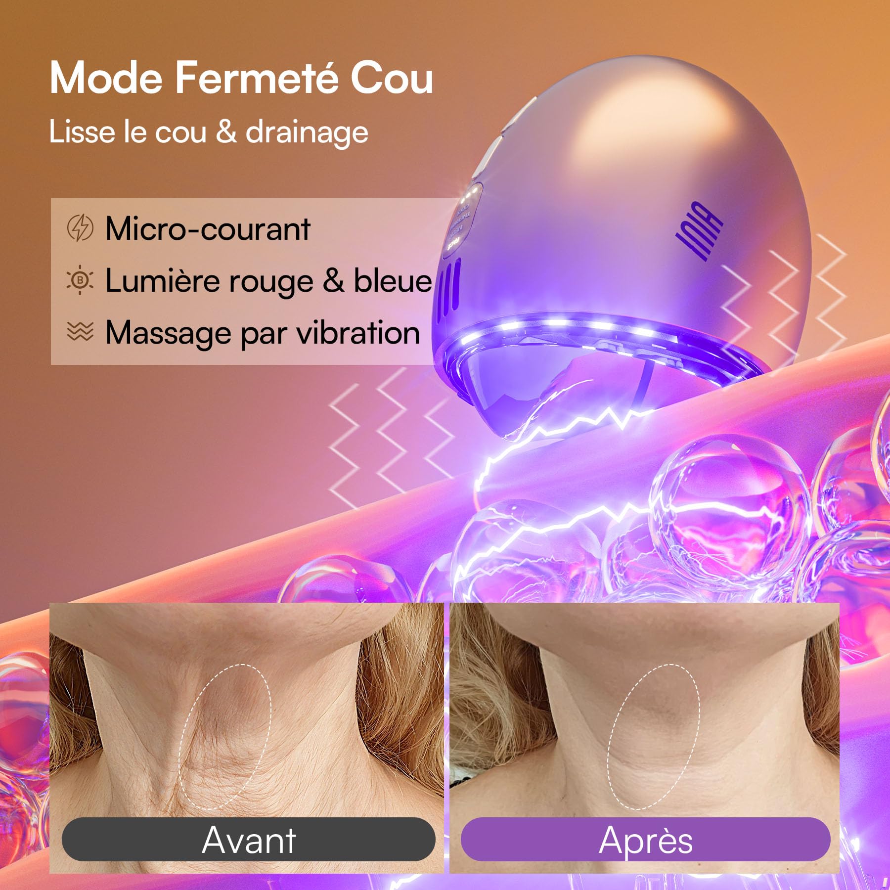 INIA Appareil de massage 7 en 1 pour le visage et le cou avec thérapie par lumière rouge, mode chaud et cryomode, purification et raffermissement