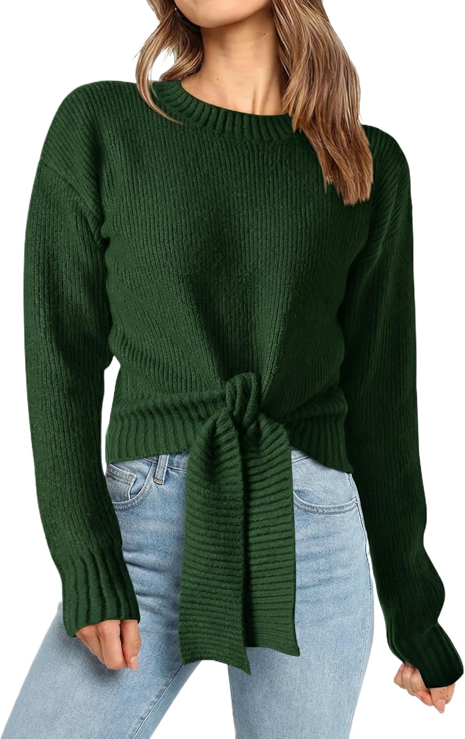 Okiwam Women's Long Sleeve Cropped Sweaters Casual Knit Pullover Tie Front Crew Neck Fall Outfits Spring Fashion Clothes 2026