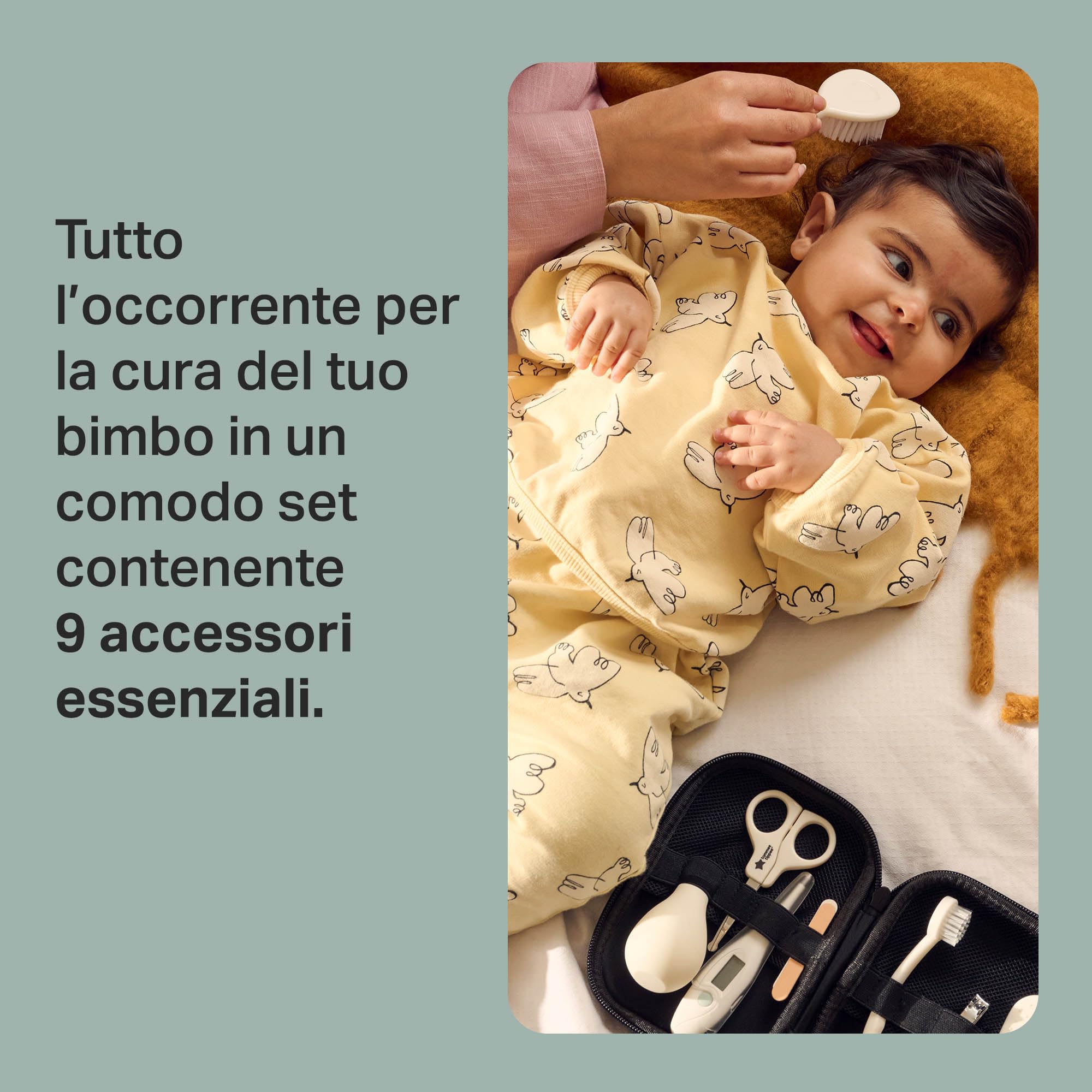 Tommee Tippee kit per la cura e l'igiene dei bambini, 9 articoli essenziali a casa e in viaggio in custodia impermeabile e lavabile (la fantasia potrebbe cambiare)