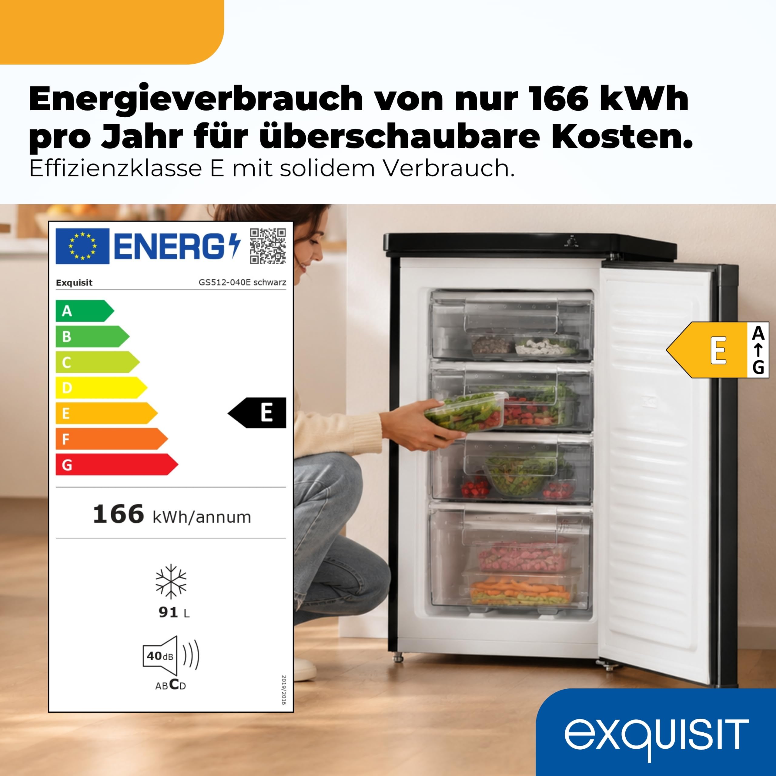 Exquisit GS512-040E, 91 litros de capacidad neta, clase energética E, 40 dB de sonido, compartimento de 4 estrellas, control manual de temperatura, bisagra de puerta intercambiable, 4 cajones, negro