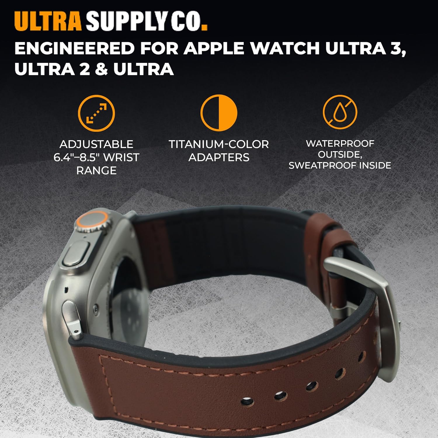 Ultra Supply Co. 49mm Leather Watch Band - Compatible with Apple Watch Ultra 3, 2 & 1 - Genuine Hybrid Leather Rubber Sweatproof Strap, 24mm Band Width, Metal Buckle