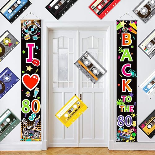 Miniatura 3 de Blulu Decoración de fiesta de los años 70 y 80, pancarta con texto en inglés "I Love 1980s Back to the 1980s 1970s Hanging Porch Signs for Wall Door