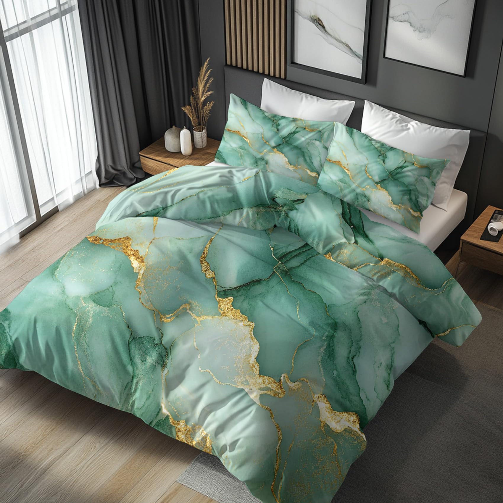 NOGAWA Abstract Marble Single Duvet Cover Set - Green Gold Bedding Single - Reversible Quilt Cover & 1 Pillowcase with Zip and Ties, Ultra Soft and Non Iron Brushed Microfibre Bed Set