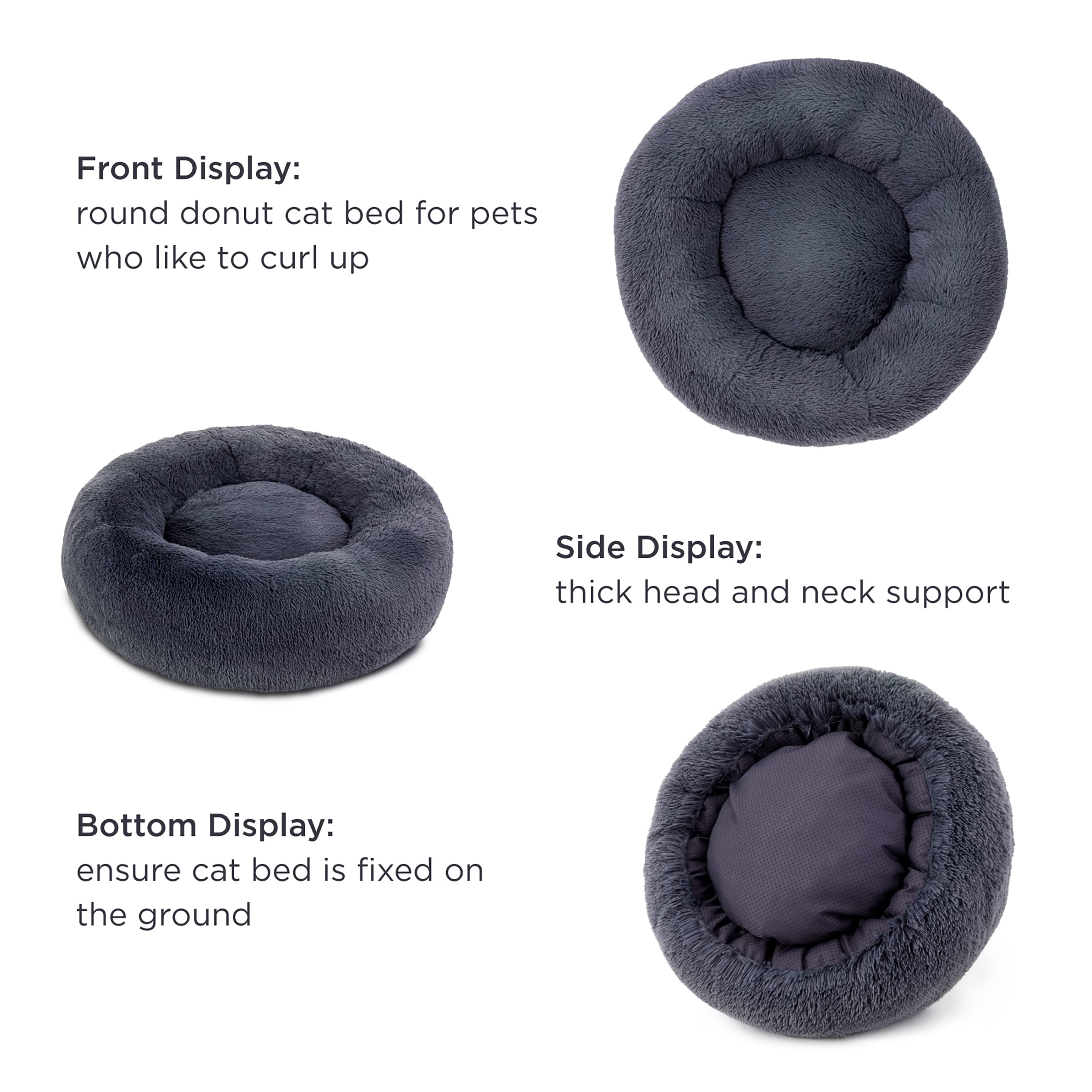 Bedsure Katzenbett waschbar Flauschiges Hundebett - Ø 80 cm Katzenschlafplatz für Katzen und Hunde, plüsch Katzenkissen rund Kuschelbett, dunkelgrau
