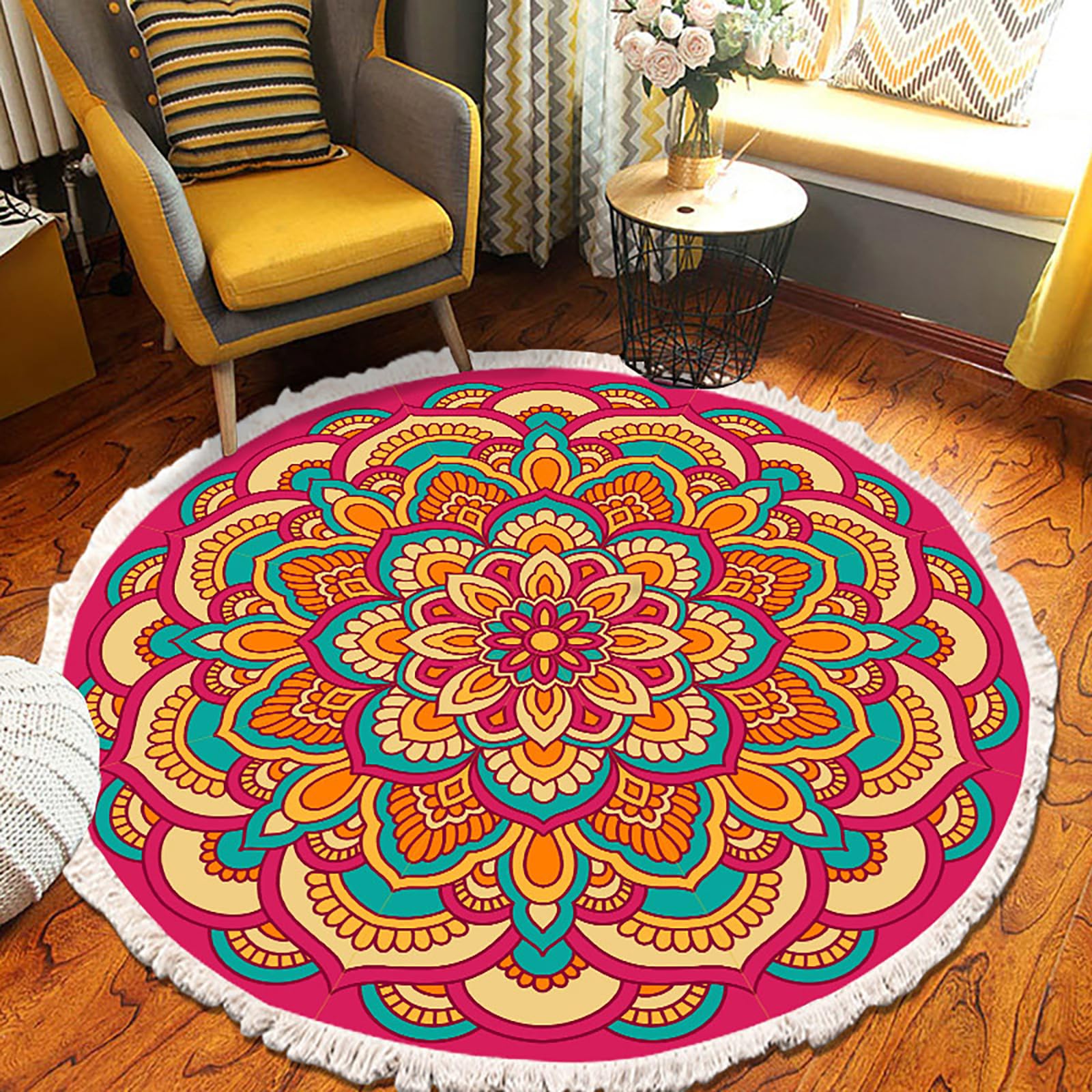 Tapis rond floral vintage orange 120cm lavable et antidérapant en coton lin pour salon