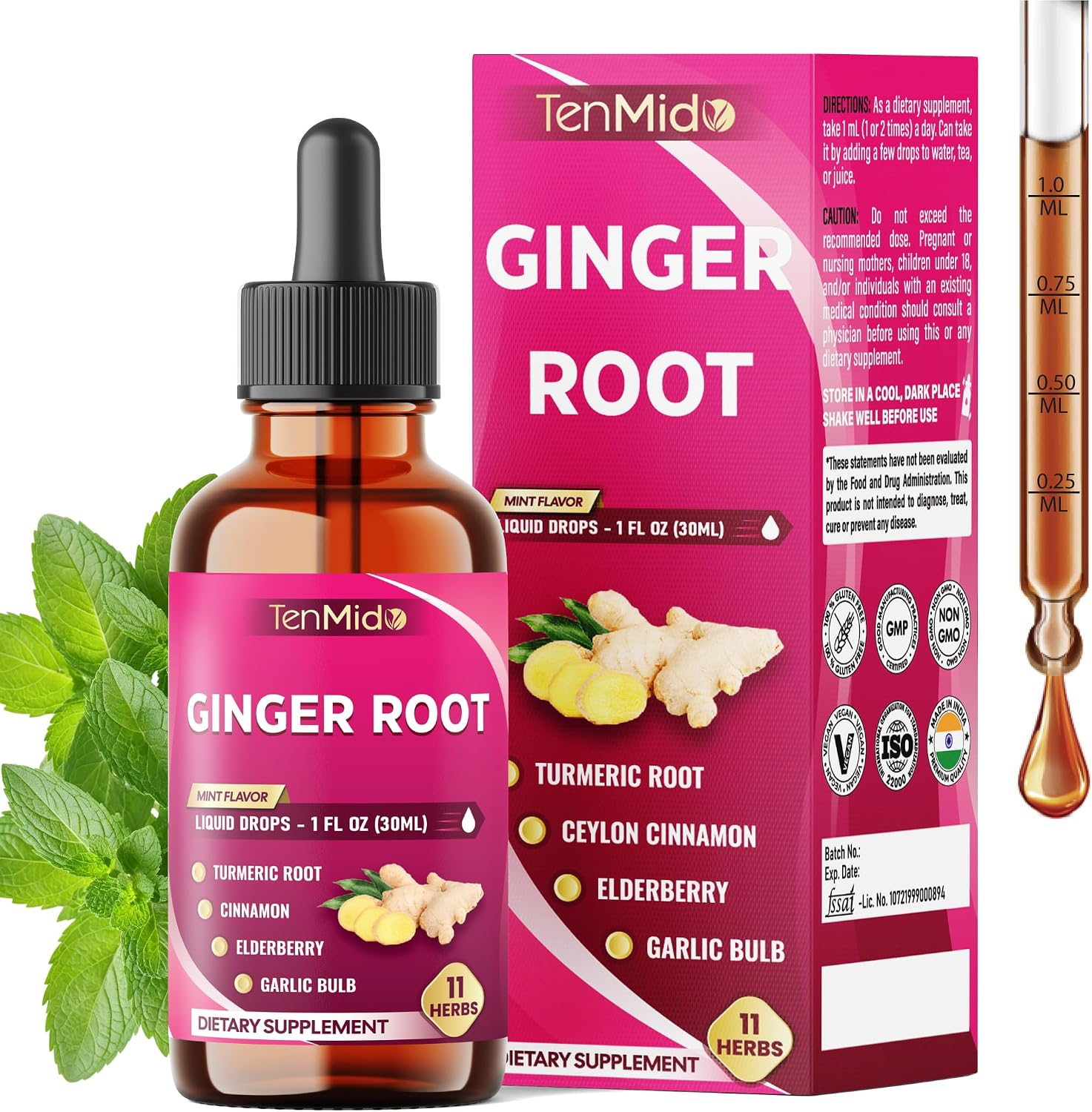 11in1 Ginger and Turmeric Supplements Liquid Drops with Ceylon Cinnamon, Elderberry, Garlic, Fennel, Slippery Elm, Dandelion, Ginkgo Biloba, Cayenne Pepper, and Black Pepper - 30ml 1 Fl Oz