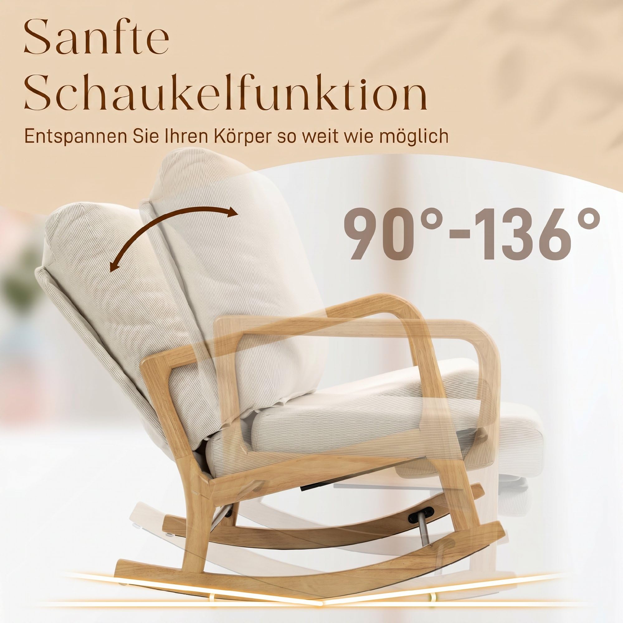 HOMCOM Schaukelstuhl mit Fußstütze, Verstellbarer Rückenlehne, Creme | Schaukelsessel, Lendenkissen, Relaxstuhl mit Holzfüßen, Cord-Optik, Skandinavischer Schwingsessel, Wohnzimmer, Schlafzimmer