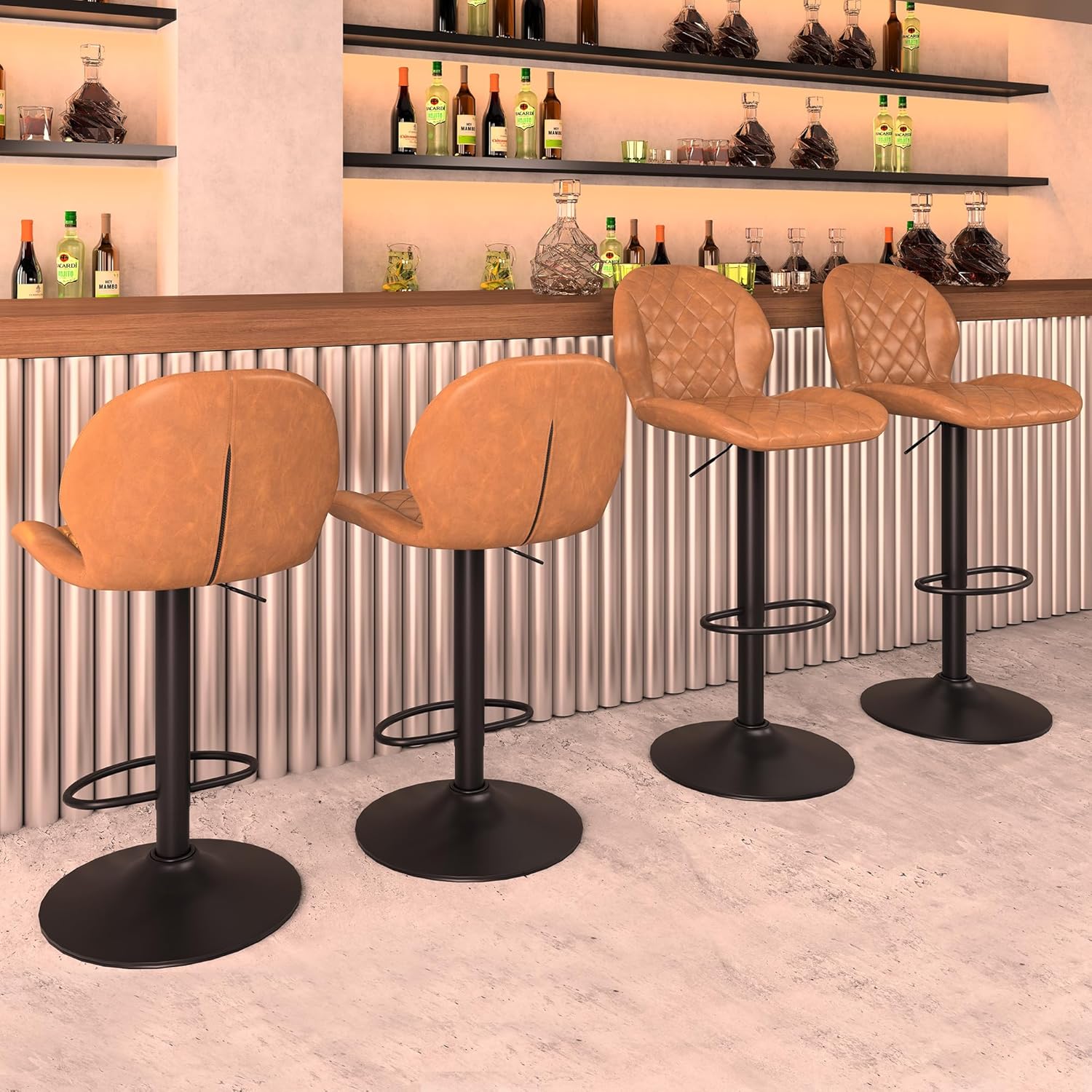 FIRAVOE Bar Stools Set of 4, Brown Swivel Bar Stool with Back, Adjustable Bar Stool 24"-33", Faux Leather Upholstered Bar Stools, Modern Counter Height Barstools for Kitchen Island (Brown, 4PCS)