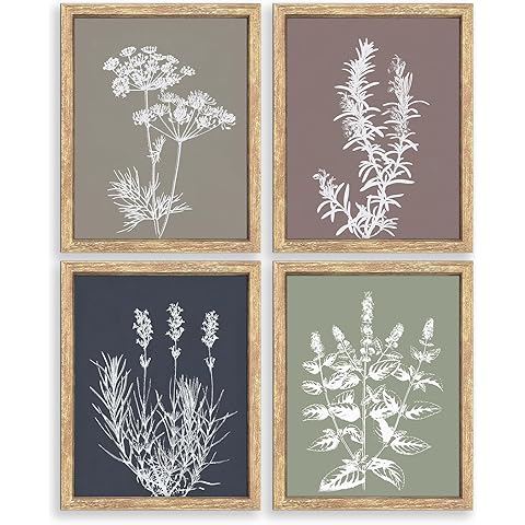 GUMEYJIA Boho Wall Art Set of 4 Framed Herb Prints Botanical White Floral Sketches with Gray and Sage Green Background Modern Farmhouse Decor Home Kitchen Wall Decor (8x10 in)