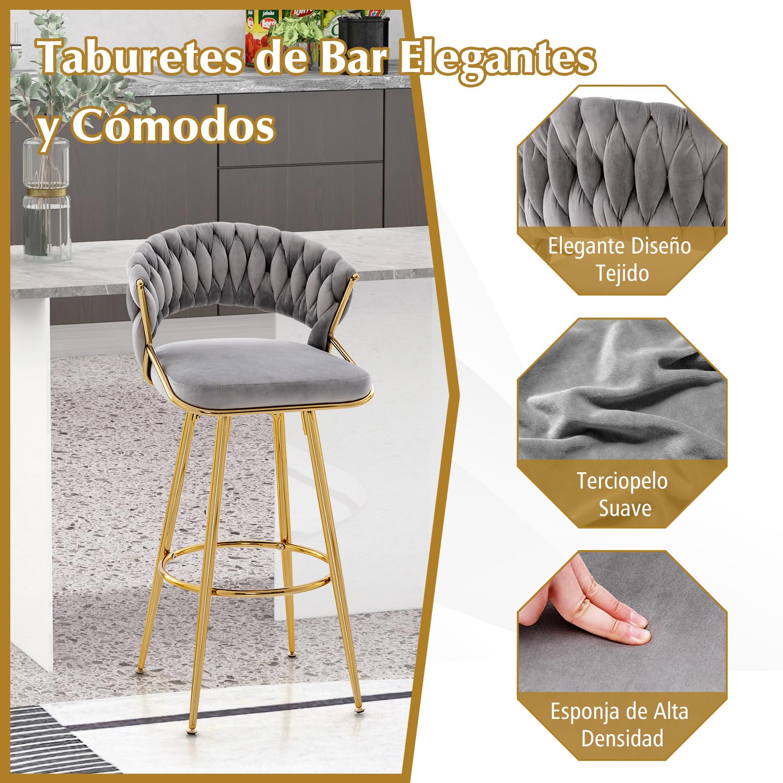 COSTWAY Juego de 2 Taburetes de Terciopelo, Taburetes de Barra de 73 cm con Respaldo Tejido y Patas de Metal Dorado, Taburetes de Cocina Tapizados sin Brazos con Reposapiés(Gris)