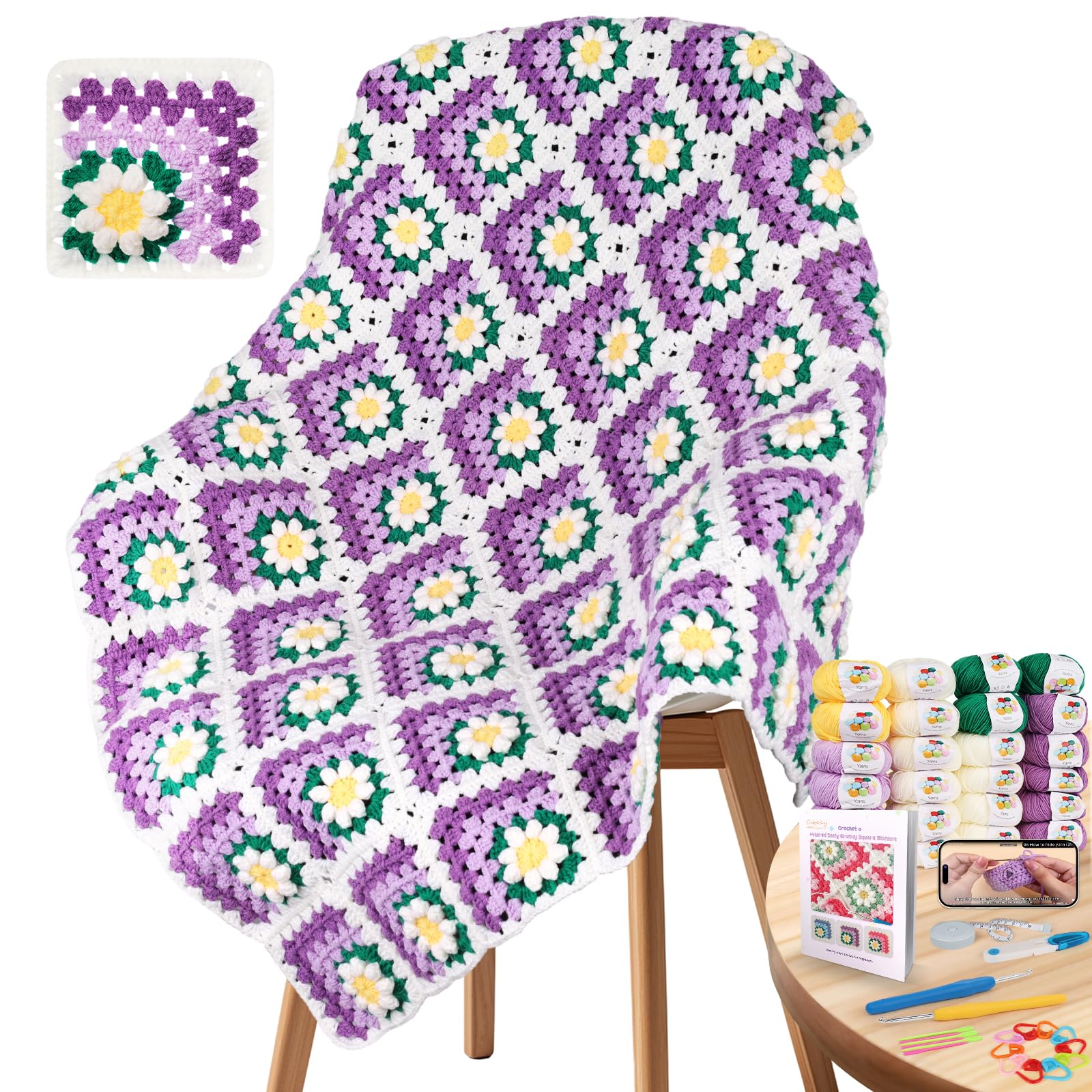 Coopay Crochet Kits, Crochet Blanket Kit, All-in-One Crochet Starter Kits for Beginners Adults with Yarn & Step-by-Step Video, Learn to Crochet 3D Flower Granny Square Blankets, Purple