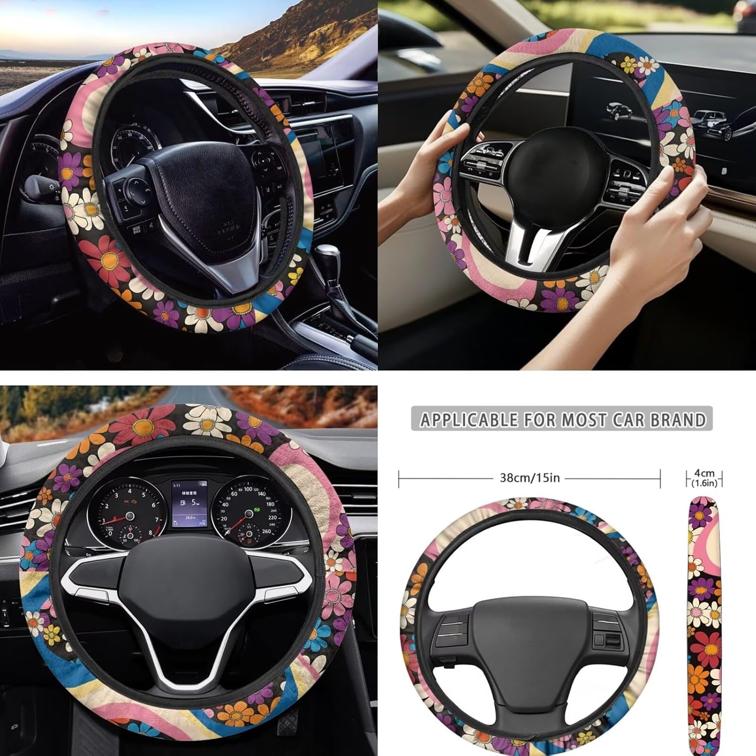 Hippie Flowers Car Seat Covers Car Steering Wheel Cover Hippie Print Seat Belt Covers Cup Holder with Keychain Hippy Floral Automotive Protector Set Unverisal Fit Cars Van SUV Trucks 14 Pcs
