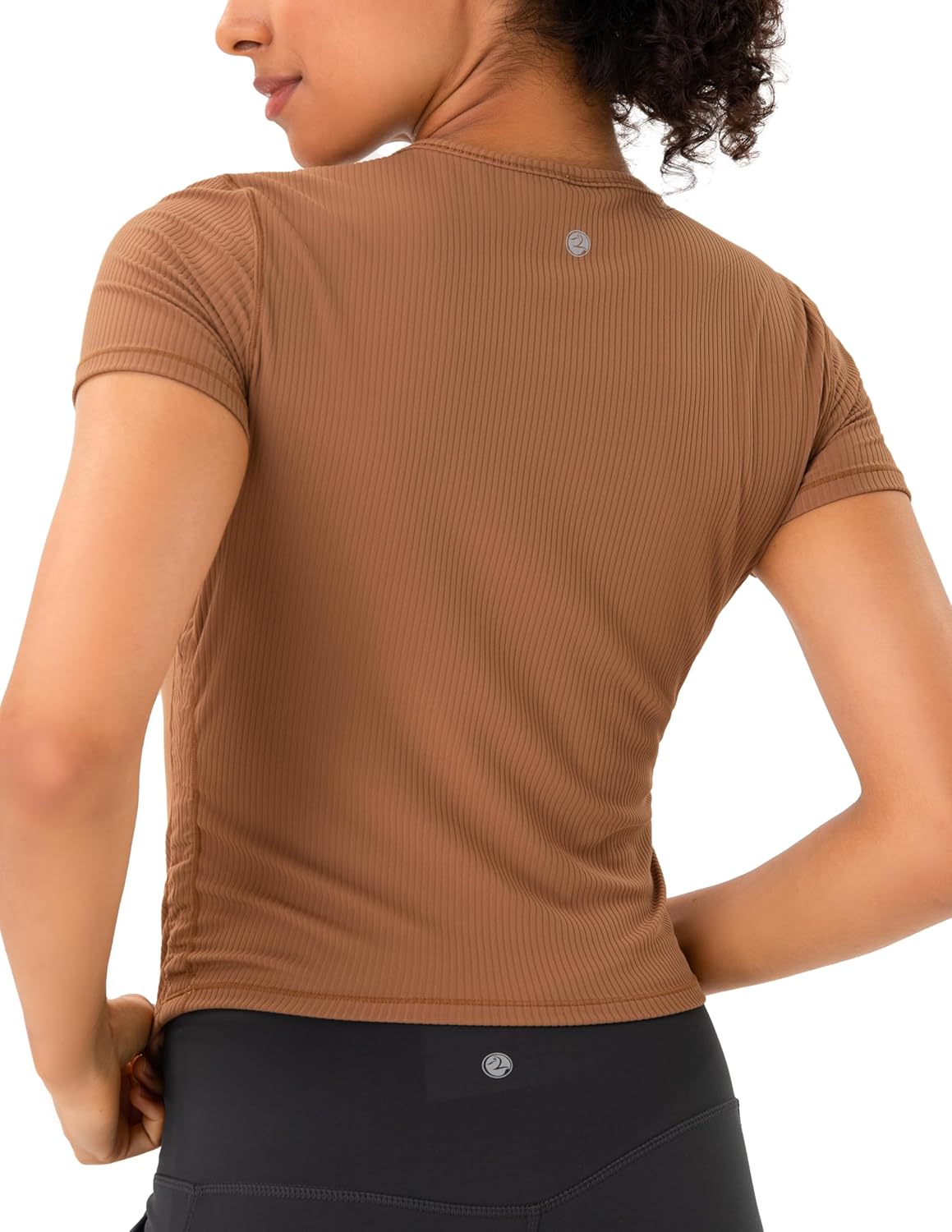 YUNOGA Womens Workout Top Short Sleeve Ribbed T-Shirt Compression Athletic Yoga Shirts - Image 2