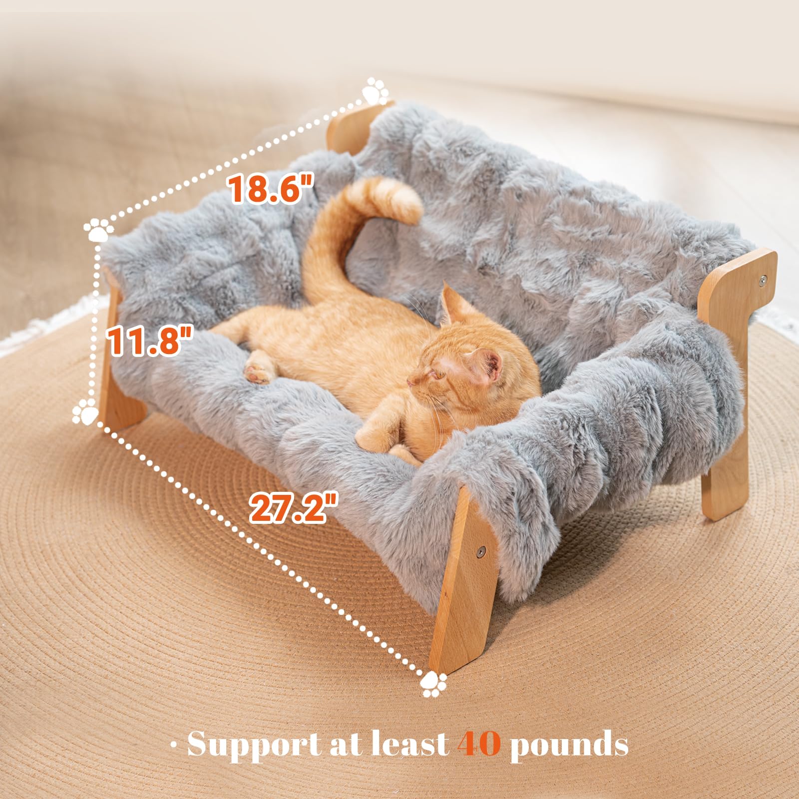 Cheerpals Amaca per gatti di grandi dimensioni – Lettino per gatti autoportante in legno di faggio contro il ribaltamento – Posto letto lavabile per interni e finestre – 70 x 47 x 30 cm, bianco/grigio