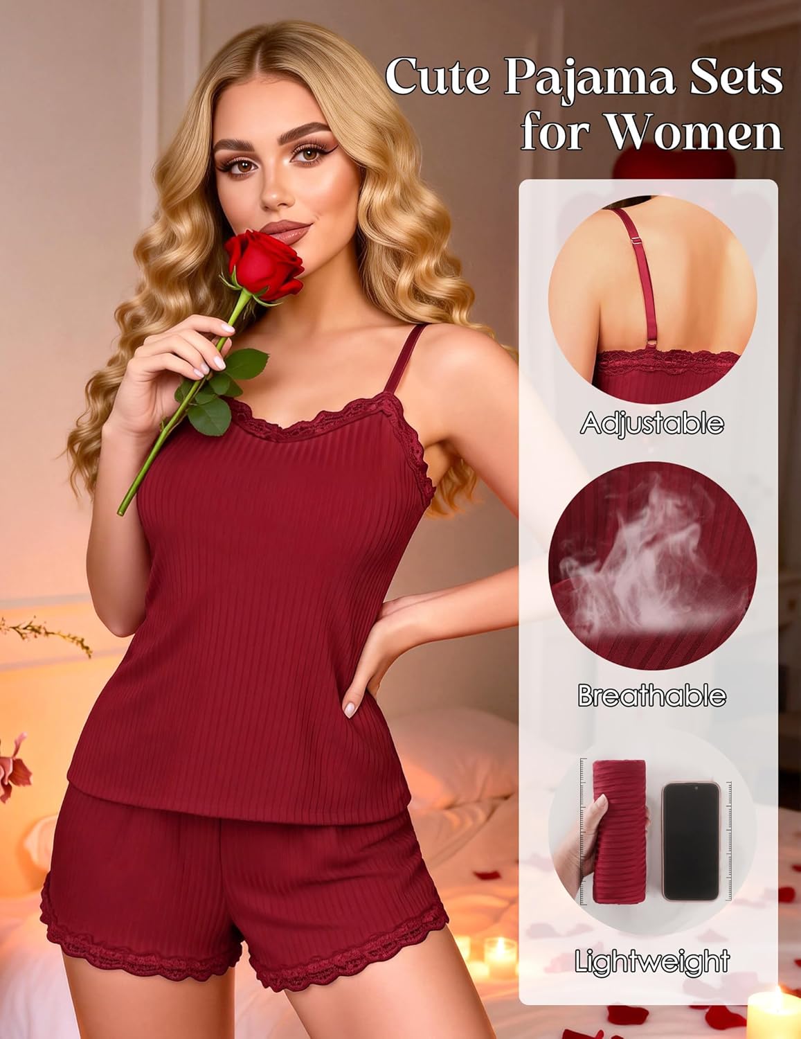 Ribbed Pajamas for Women Set Sexy Soft Lingerie 2 Piece V neck Matching Pjs Lace Sleeveless Sleepwear with Shorts - Image 4