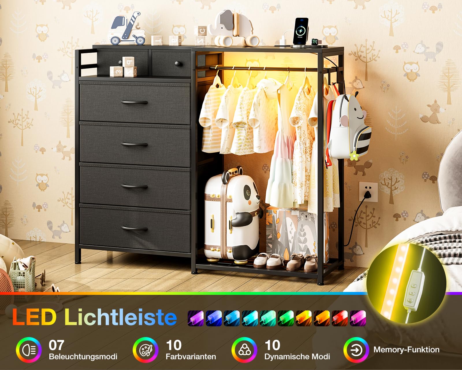 Coleshome Cassettiera Camera da Letto con Appendiabiti, con a LED e Presa di Corrente, Design Reversibile con 6 Cassetti, Comò in Tessuto per Camera da Letto e Soggiorno, 110 x 30 x 106 cm, Nero