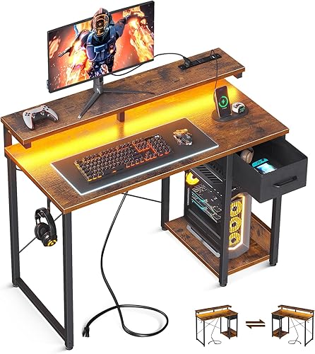 Miniatura 9 de AODK Escritorio para computadora de juegos con toma de corriente y tira de luz LED, escritorio de oficina en casa de 48 pulgadas con soporte