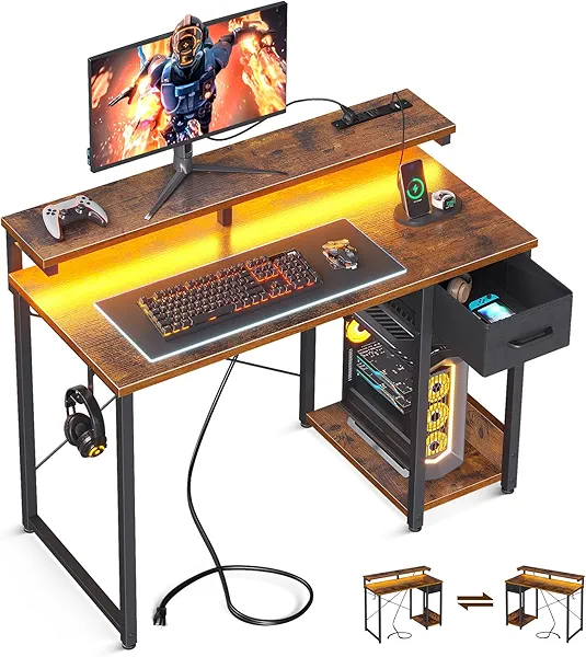 AODK Gaming Desk with LED Lights & Power Outlet, 40 Inch Computer Desk with Drawer, Reversible Small Desk with Monitor Stand & Headphone Hook for Home Office, Rustic Brown
