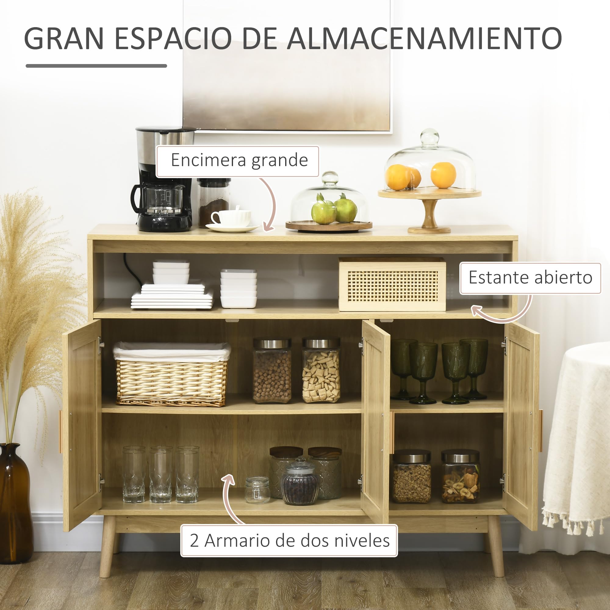 HOMCOM Aparador de Cocina con 3 Puertas de Ratán 120x40x97 cm Natural | Estilo Boho, Mueble Buffet Auxiliar, Estantes Ajustables, Patas de Madera, para Salón Comedor