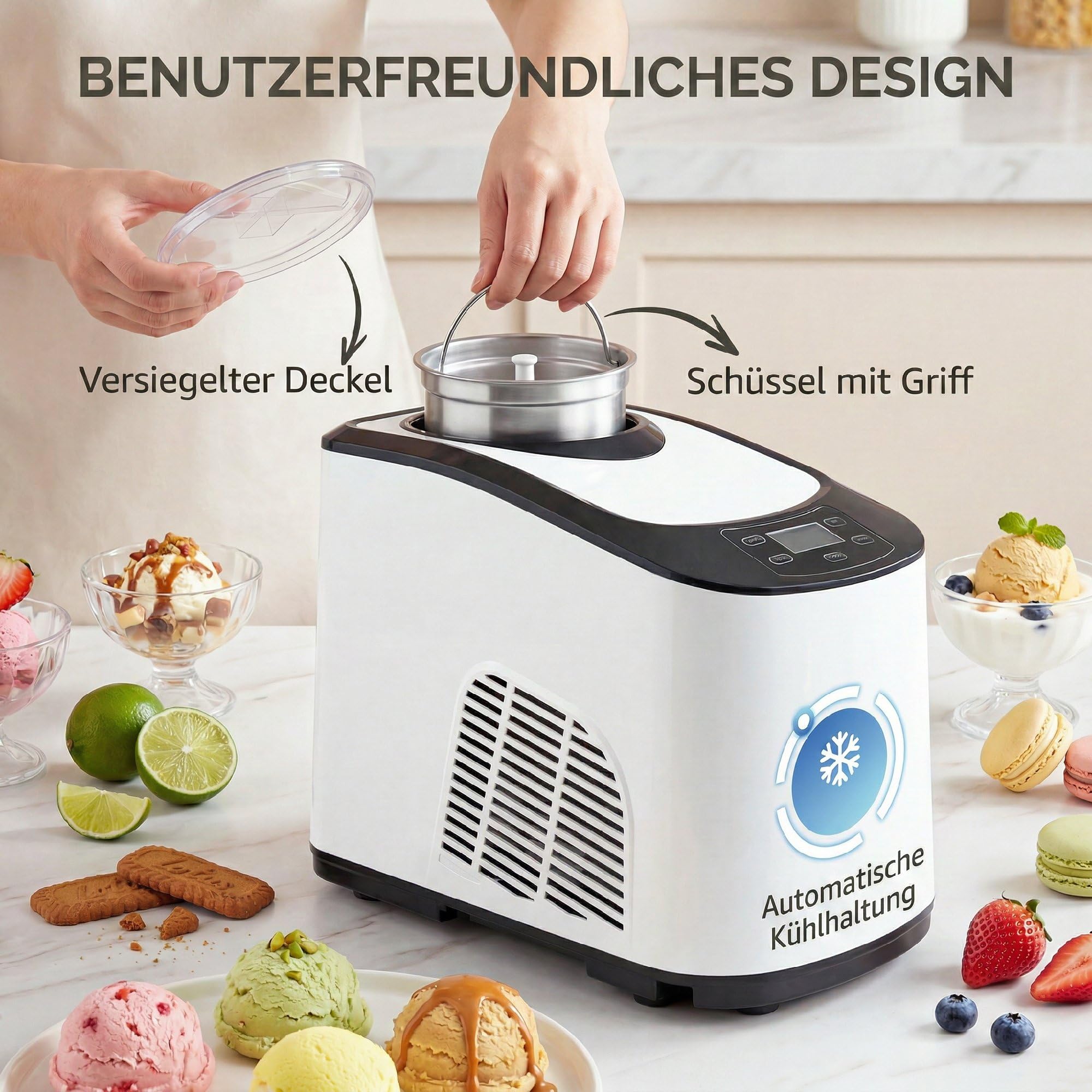 HOMCOM Eismaschine 1,5L mit Soft-Eis-Modus & Hart-Eis-Modus LCD Display | Eiscrememaschine, Speiseeisbereiter, Frozen Eisbereiter Speiseeismaschine, Messbecher, Schaufel, 45 Min., DIY Eiscreme