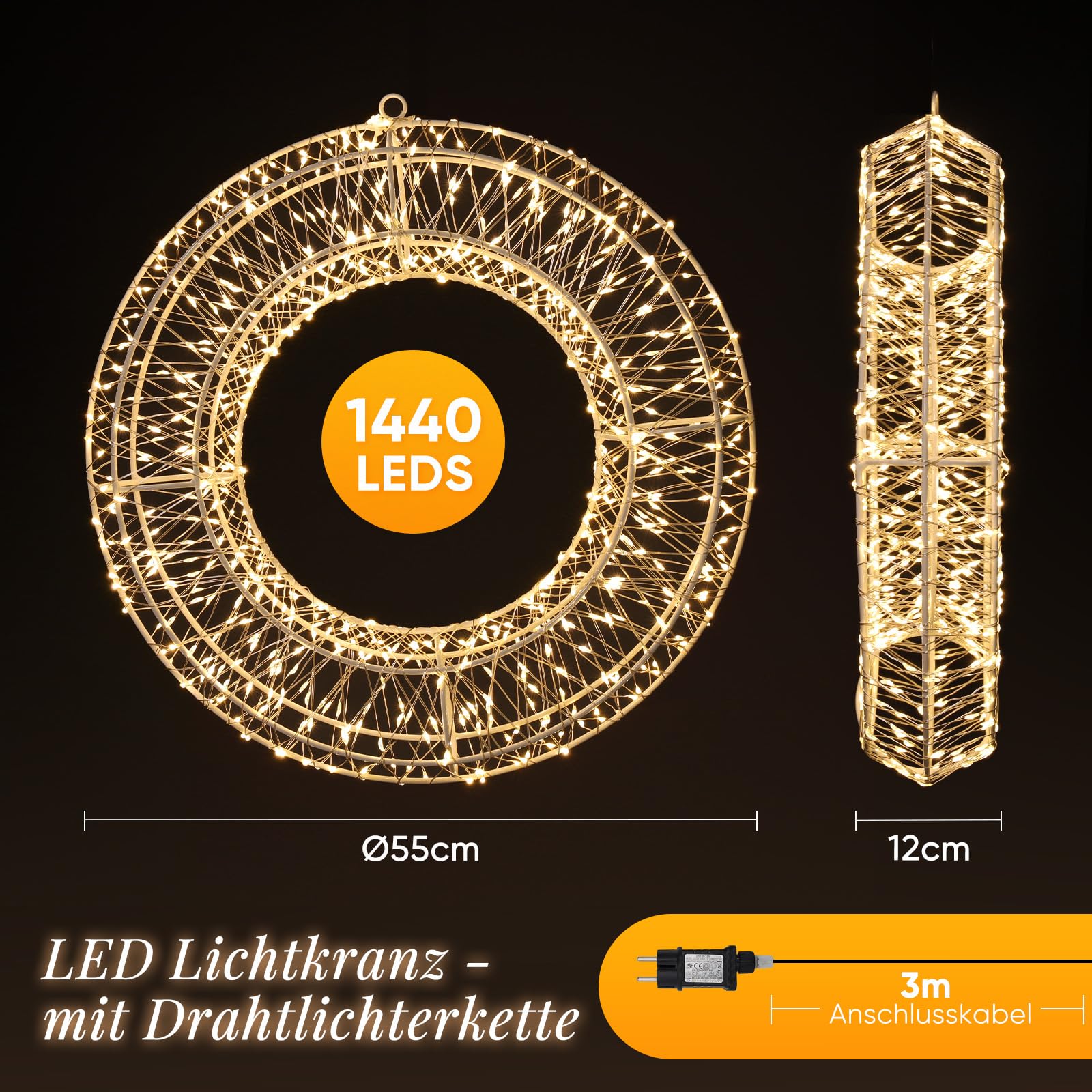 SALCAR LED Lichtkranz, Ø55cm 1440 LED Metallkranz Weihnachtsdeko Fenster mit Stecker, 8 Modi, Timer und Memory, Hängekranz Lichterkreis für Innen und Außen, Warmweiß