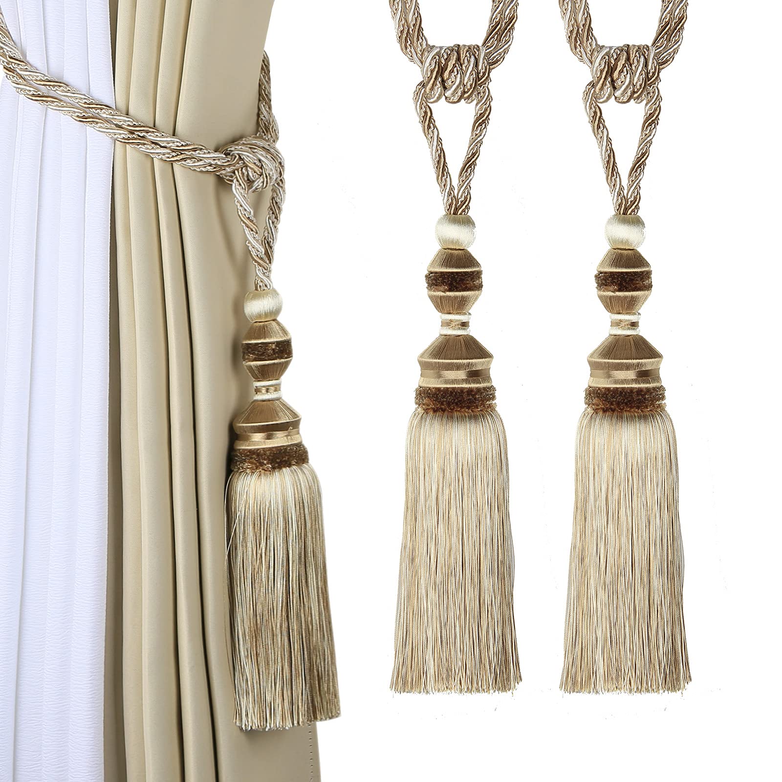 Lot de 2 embrasses de Rideaux à Pompons, embrasses de Rideaux élégantes pour décoration - Beige