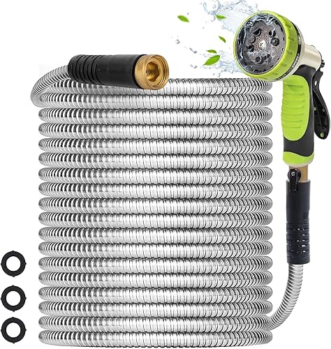Manguera de jardín de metal de 75 pies Manguera de agua de metal de acero inoxidable resistente con boquilla de 10 funciones, ligera, sin