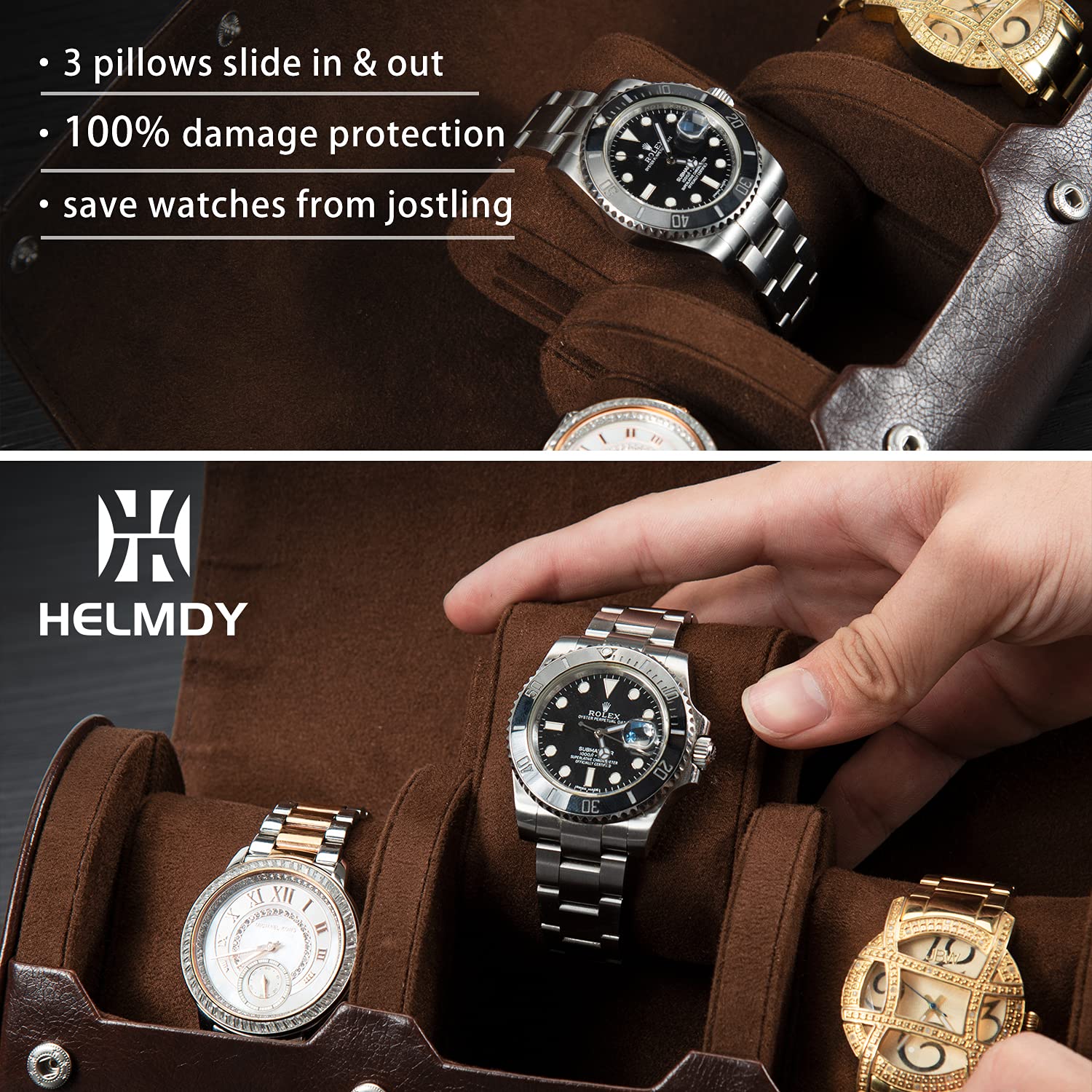 Boîte à Montres Vlando 10 Emplacements - Présentoir 2 Niveaux Avec Couvercle Verre, Cuir Texturé