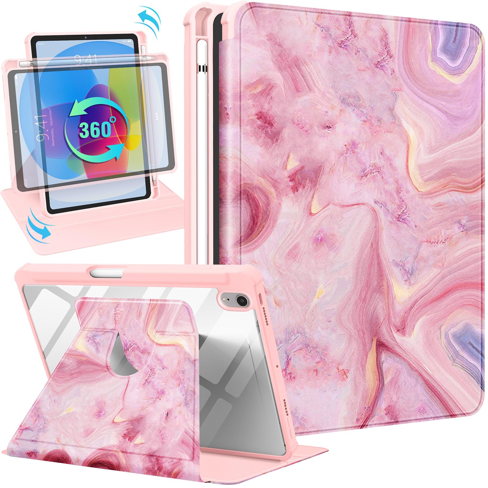 Uppuppy for iPad mini 7/6 Case - for iPad mini 6th/7th Generation Cases Women Cute Folio Cover with Pencil Holder Girls Girly Marble Pretty Rotating