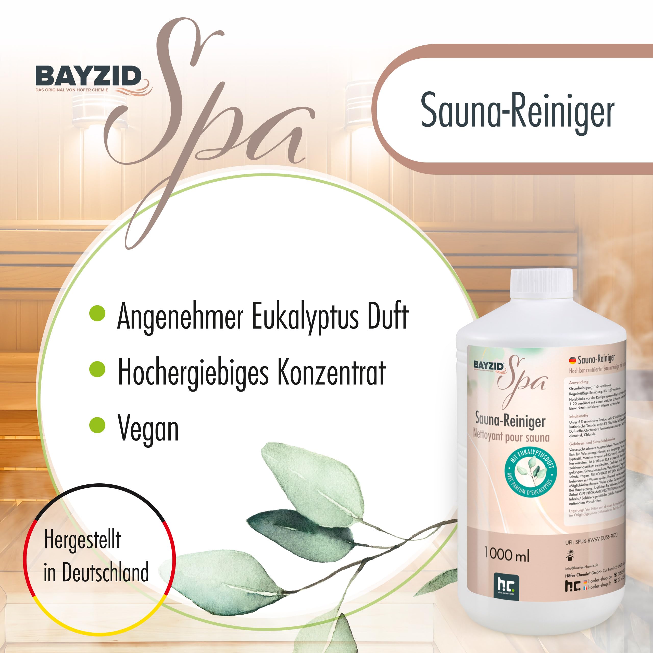 Bayzid 3 x 1 L SPA Saunareiniger Konzentrat mit Eukalyptusduft zur Reinigung von Sauna Holz