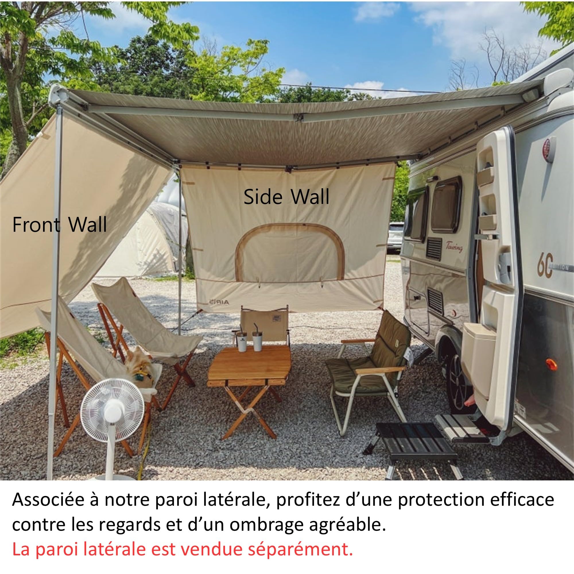 AIRIS Paroi avant d'auvent pour camping-car et caravane 390 x 190 cm – Brise-vue et protection solaire pour auvents, tissu mélangé de coton de qualité supérieure, imperméable, forte protection solaire