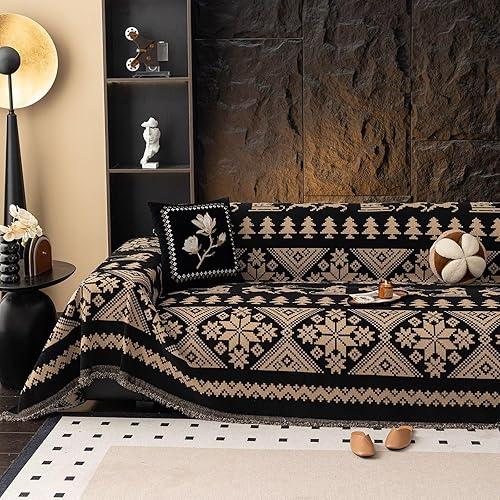 Miniatura 28 de VClife Funda de sofá bohemia para Navidad, 1 pieza, suave y cálida para sofá seccional, funda lavable de calabaza y jacquard negro para sofá biplaza