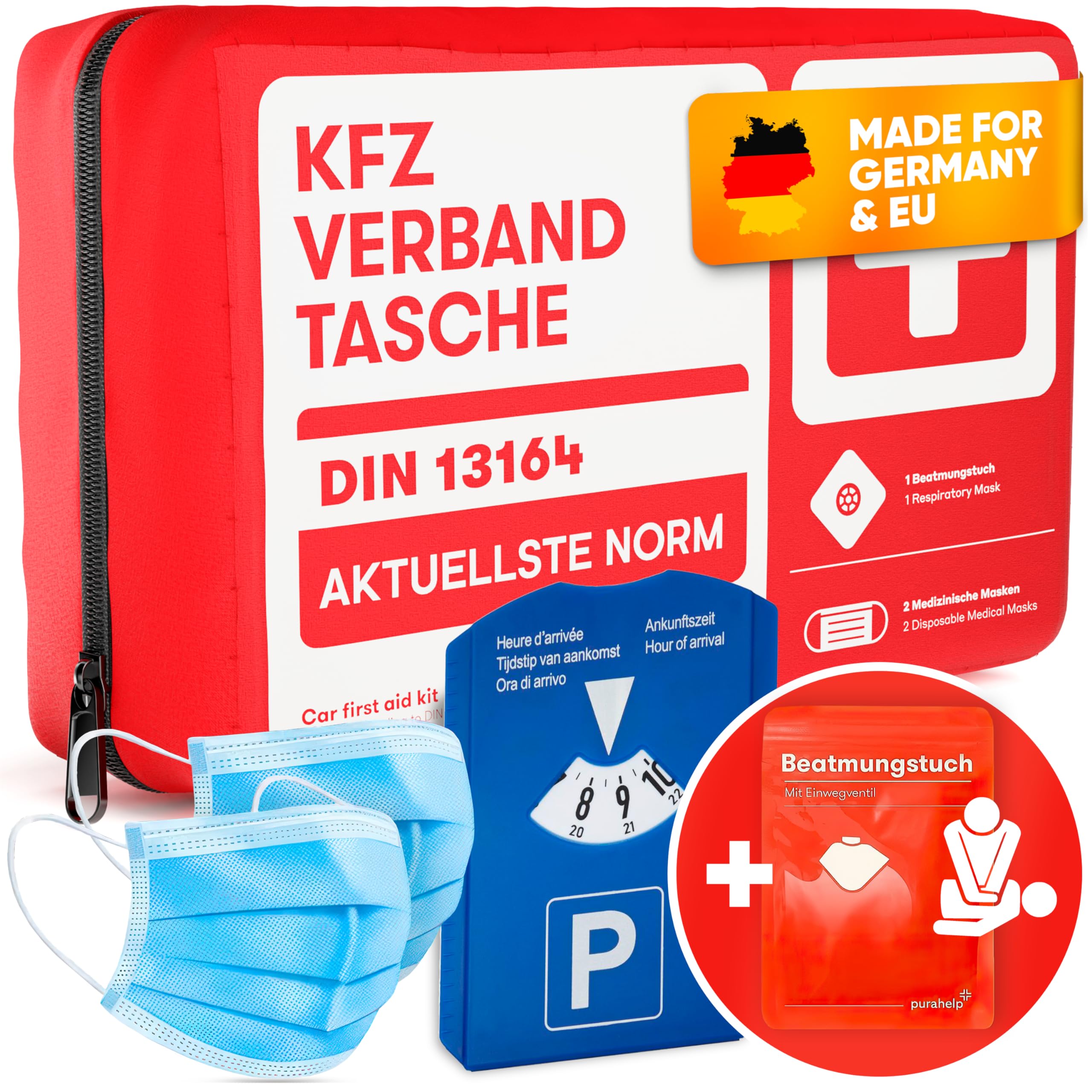 PURAHELP KFZ Verbandskasten nach aktueller Norm 2026 DIN 13164 (StVO konform) + Parkscheibe - Inkl. Beatmungstuch - Erste Hilfe Set Auto Verbandskasten 2026