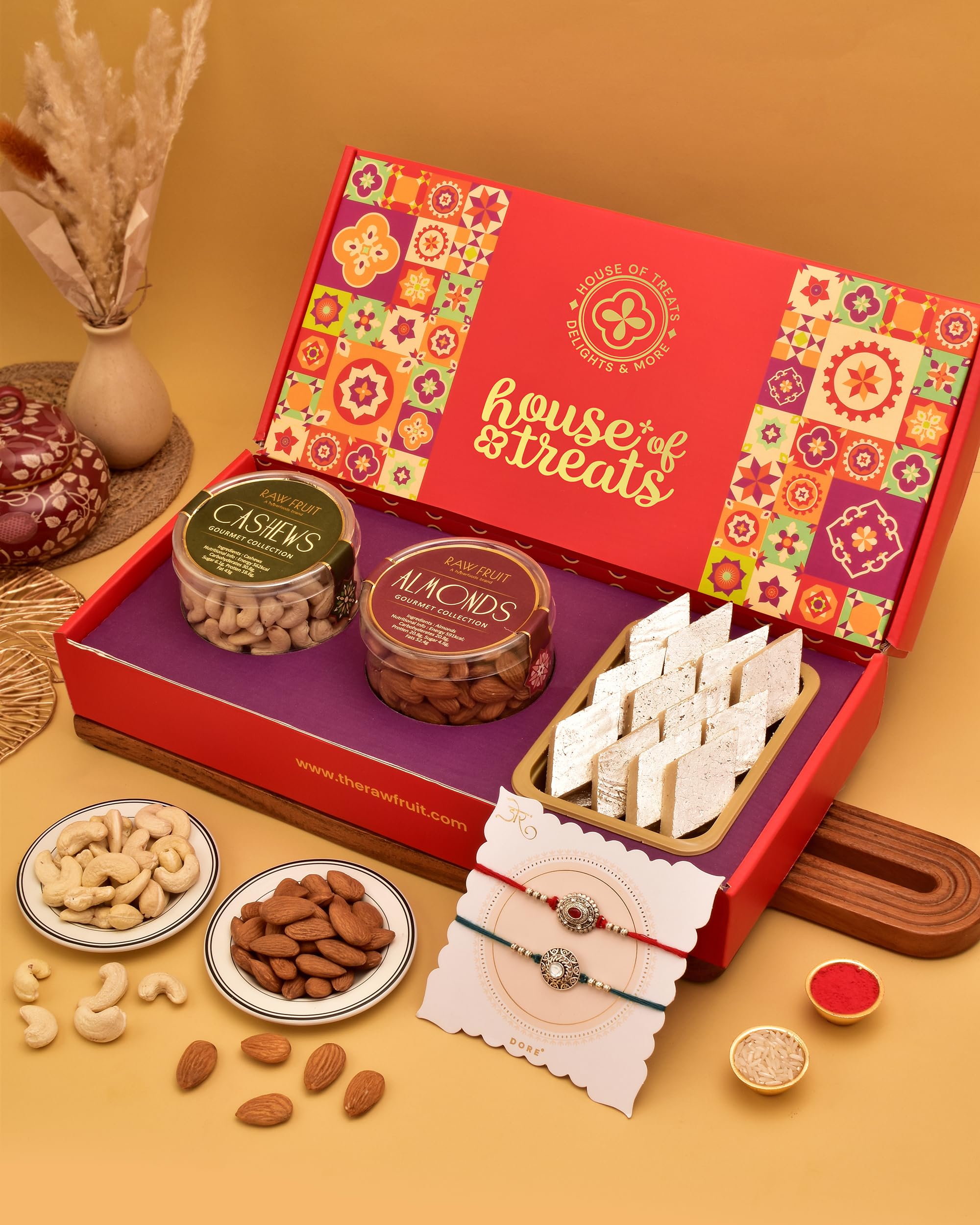 HYPERFOODS House Of Treats 2 Rakhi With Sweets Gift Pack Rakhi With Dry Fruits For Brother Rakhi Combo With Sweets Dry Fruits Cashew Almonds Kajukatli Ruby & Sapphire Rakhi Pack Of 2 (B0D8BFTN43) Amazon Price History, Amazon Price Tracker