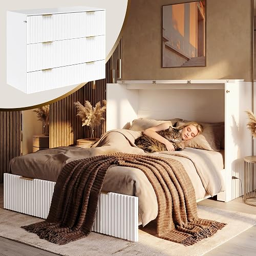 Queen Murphy Bed, Fluted Wood Murphy Cabinet with Storage Drawers & Charging Station for Bedroom/Office/Guest Room, White